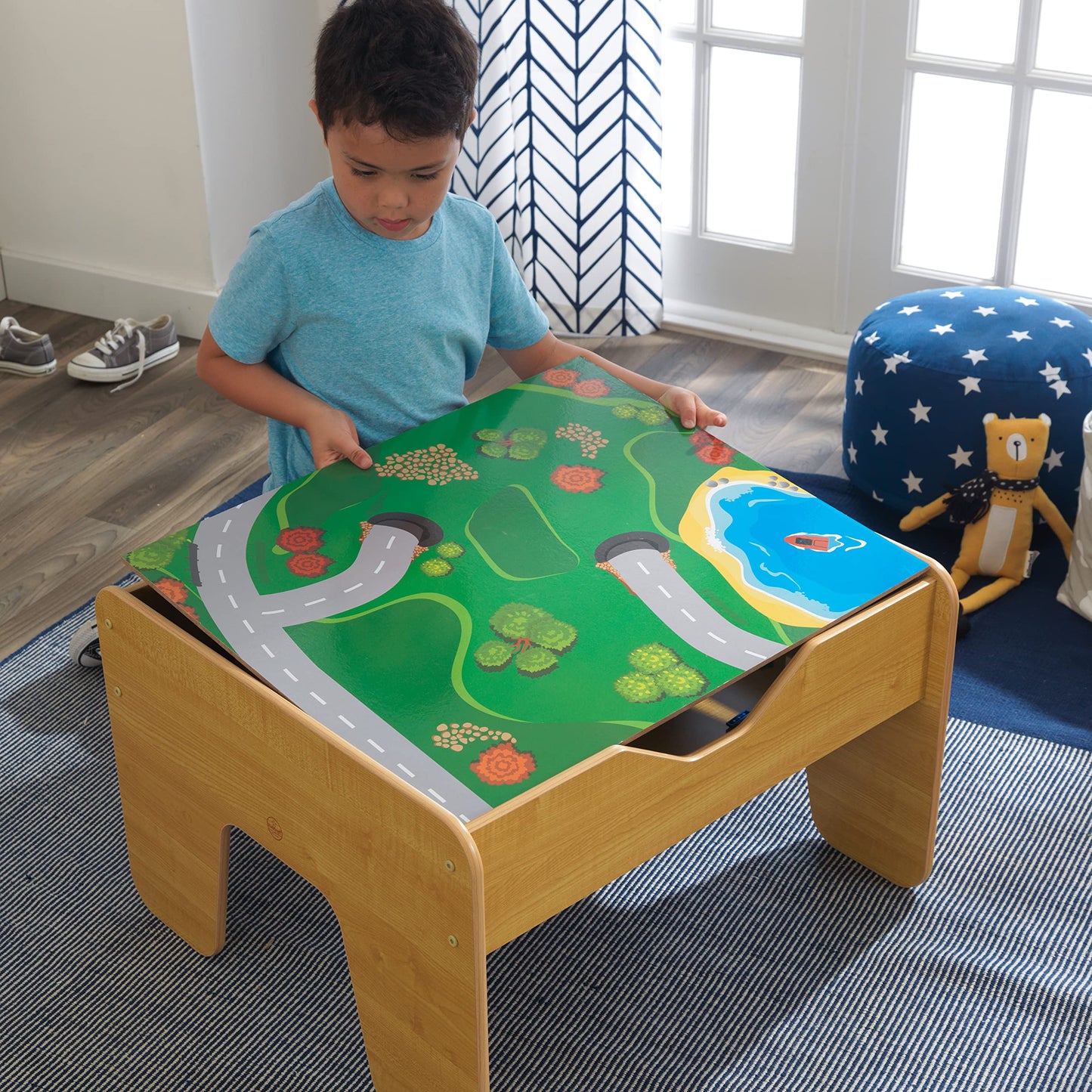 KidKraft 2-in-1 Reversible Top Activity Table with 200 Building Bricks and 30-Piece Wooden Train Set, Natural, Gift for Ages 3+