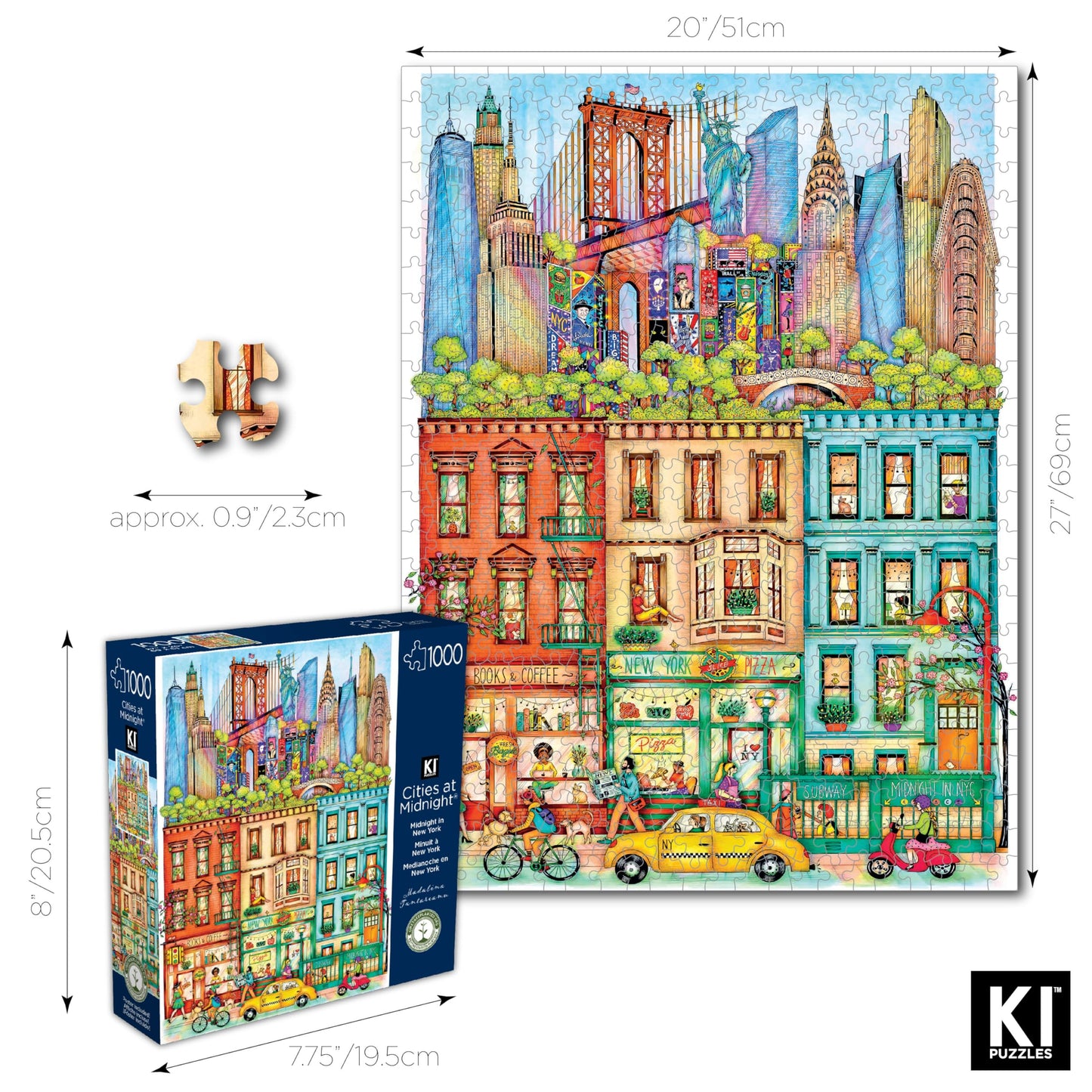 Hard & Challenging 1000 Piece Puzzle for Adults - Cities at Midnight New York by Madalina Tantareanu - Empire State Building, Statue of Liberty