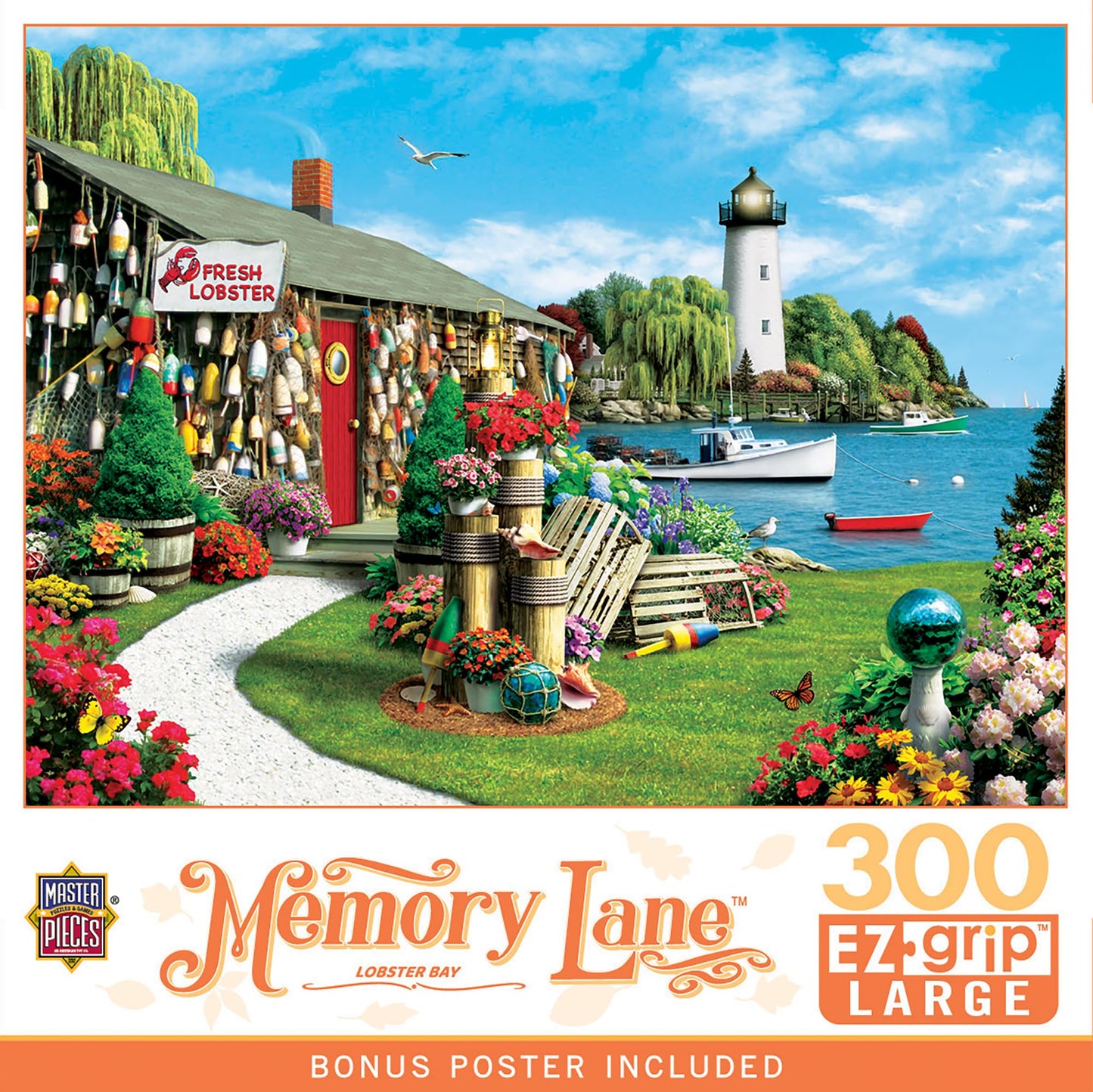 MasterPieces 300 Piece EZ Grip Jigsaw Puzzle - Lobster Bay Seaside Lighthouse and Boat - 18"x24"