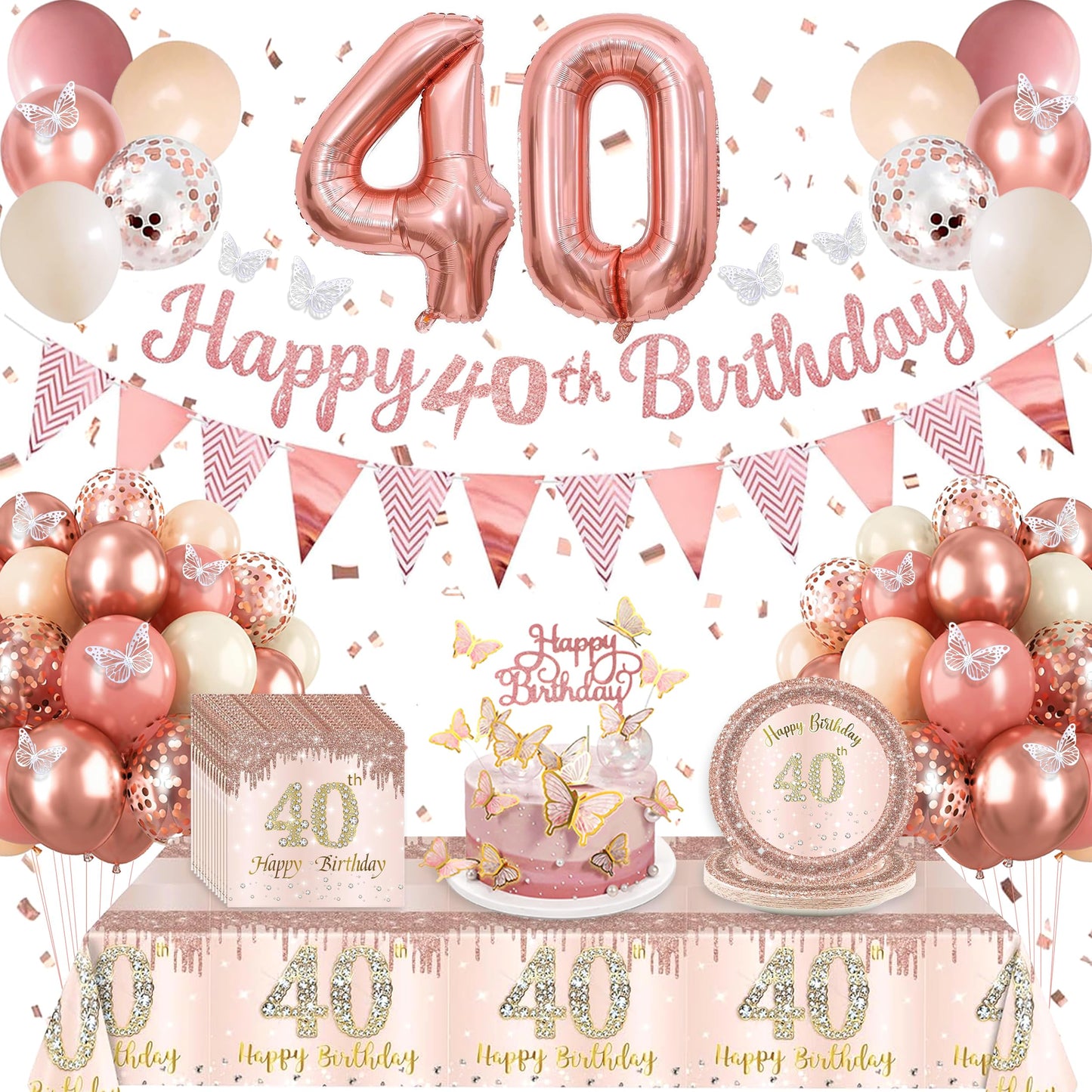 41Pcs Rose Gold 40th Birthday Plates and Napkins for Women,40thBirthday Tableware Set, 40th Birthday Decorations for Women Incl. 20 Plates 20 Napkins