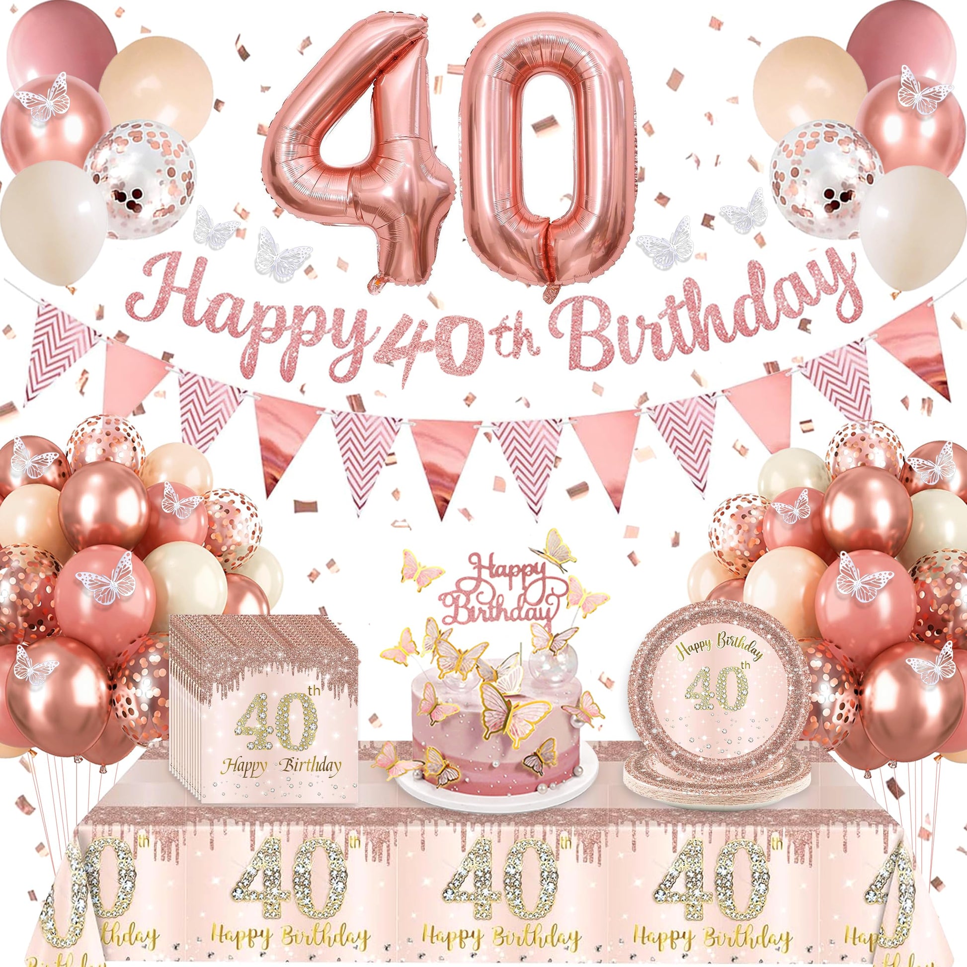 41Pcs Rose Gold 40th Birthday Plates and Napkins for Women,40thBirthday Tableware Set, 40th Birthday Decorations for Women Incl. 20 Plates 20 Napkins
