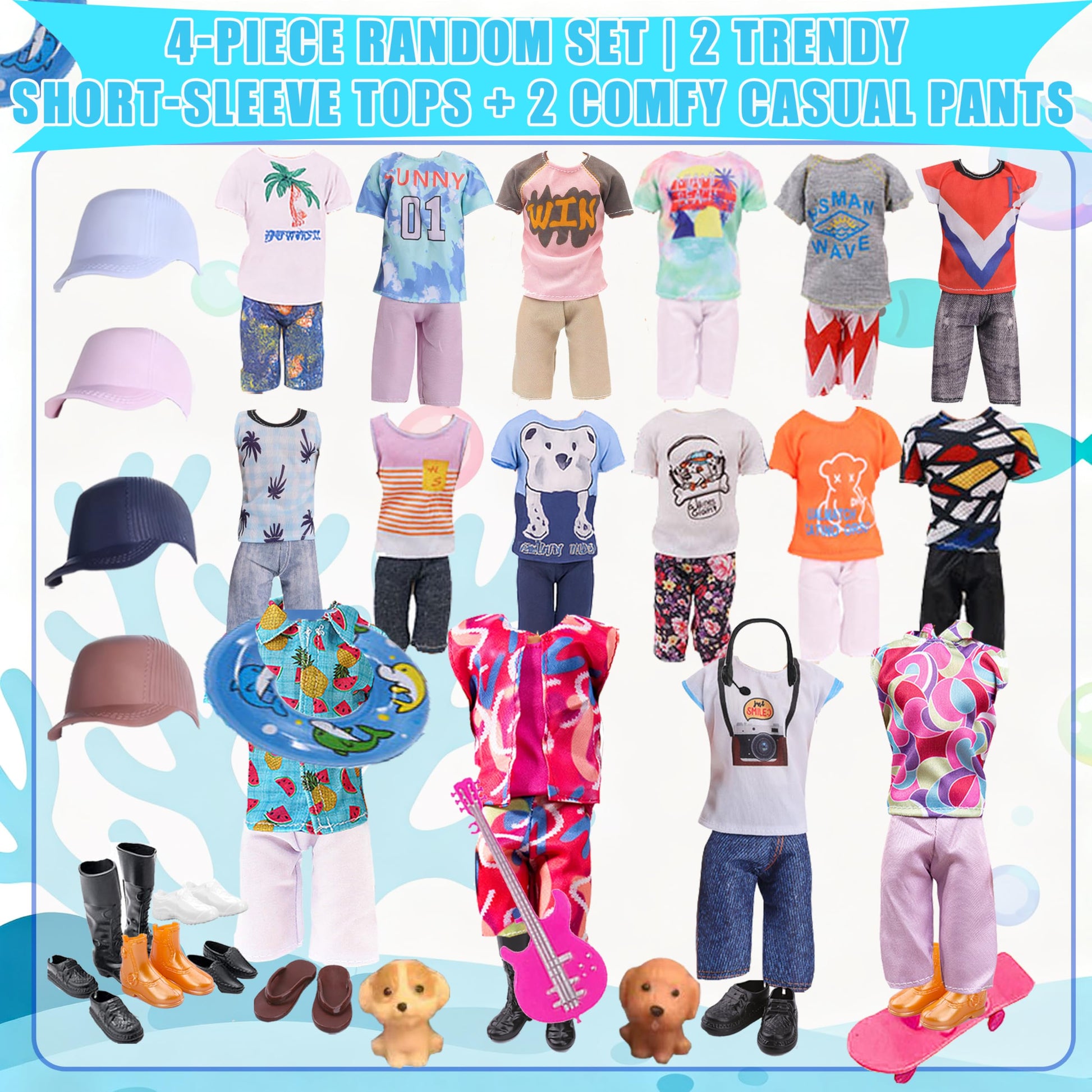 14 Pcs Fashion Doll Clothes Set for 12 Inch Dolls, 2 Outfits with Short Sleeve & Shorts, Includes Doll Shoes, Hat, Skateboard, Guitar & Toy Pets