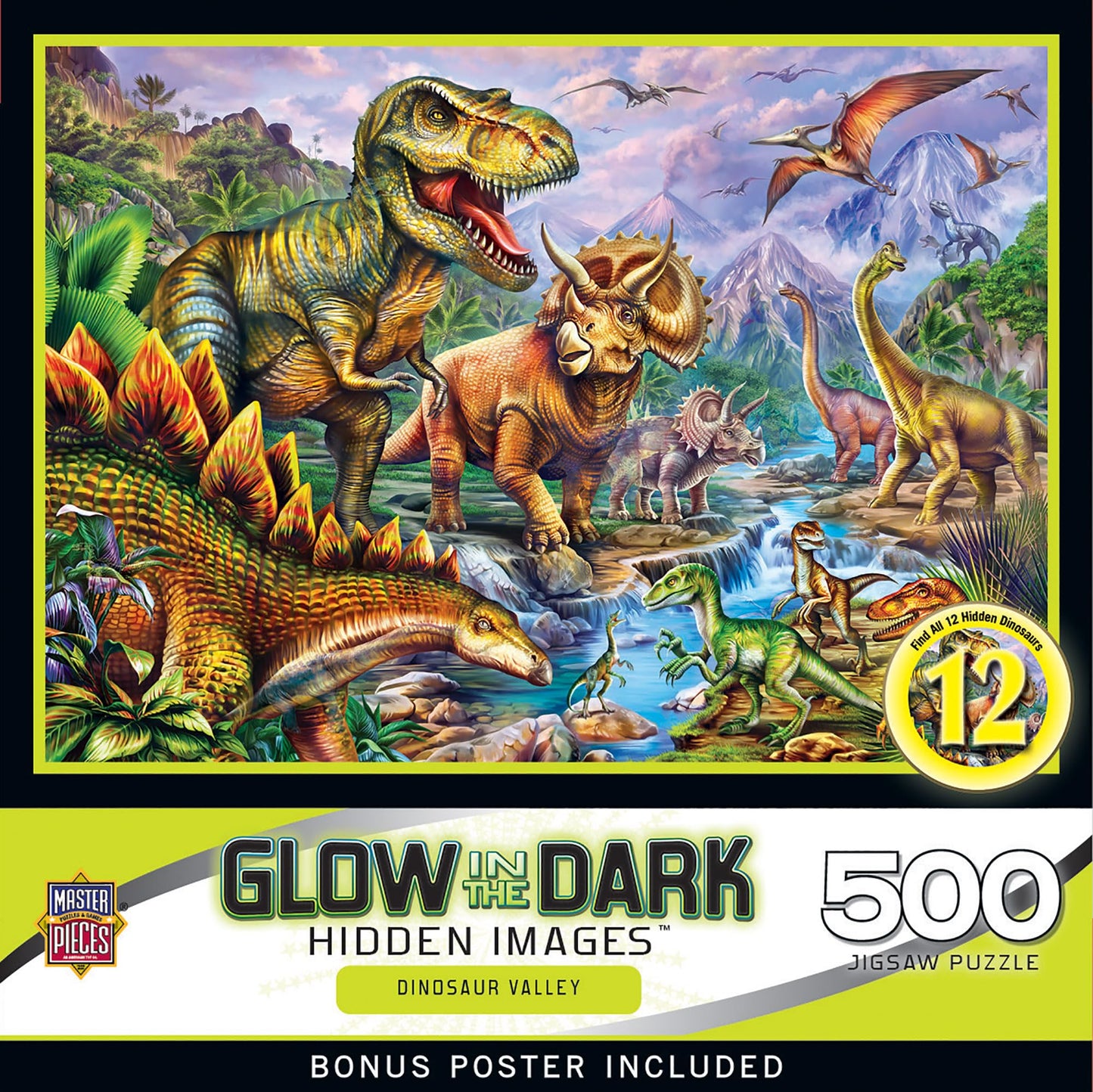 Masterpieces 500 Piece Glow in the Dark Jigsaw Puzzle for Adults, Family, Or Kids - Dinosaur Valley - 15"x21"