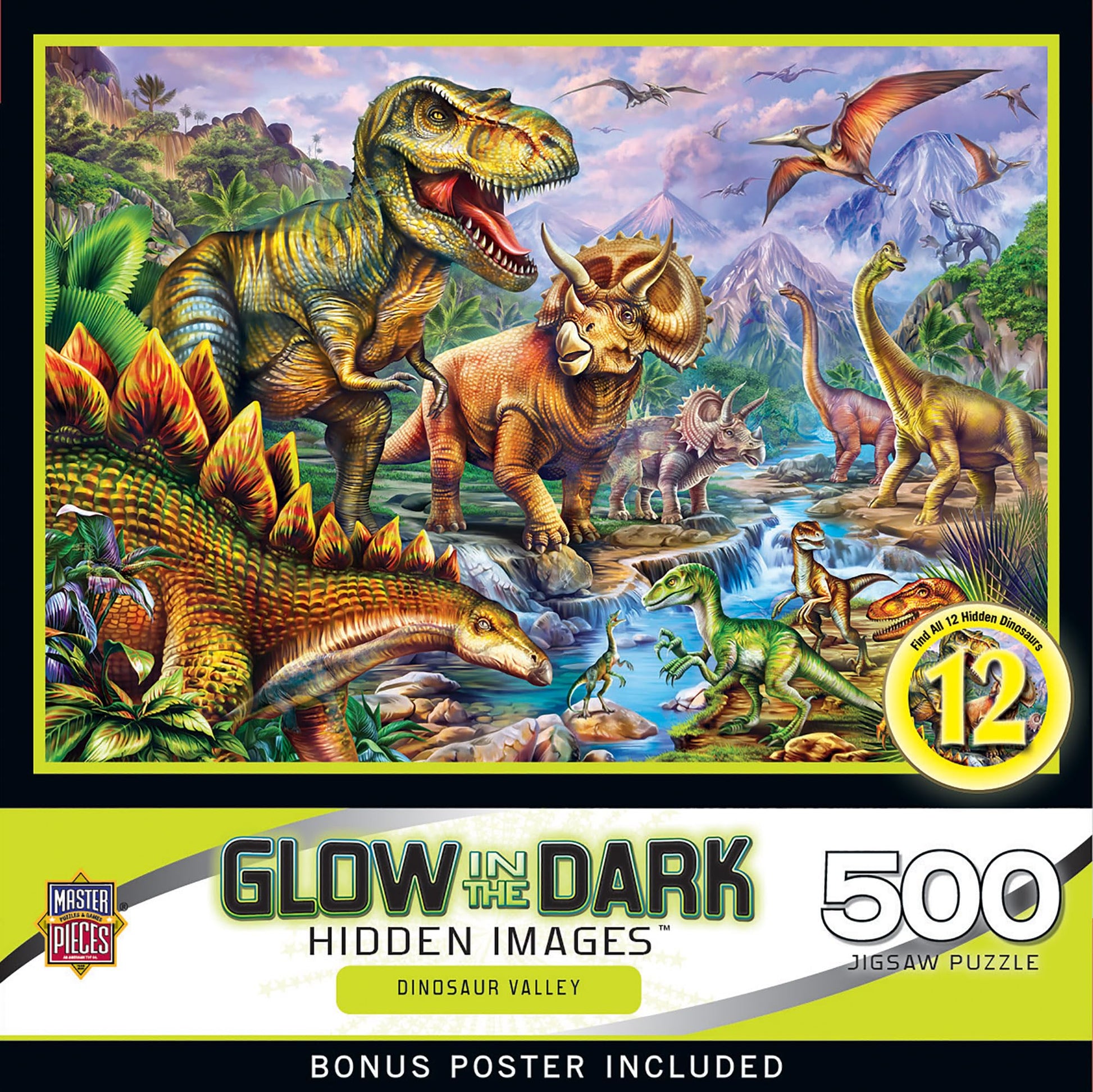 Masterpieces 500 Piece Glow in the Dark Jigsaw Puzzle for Adults, Family, Or Kids - Dinosaur Valley - 15"x21"