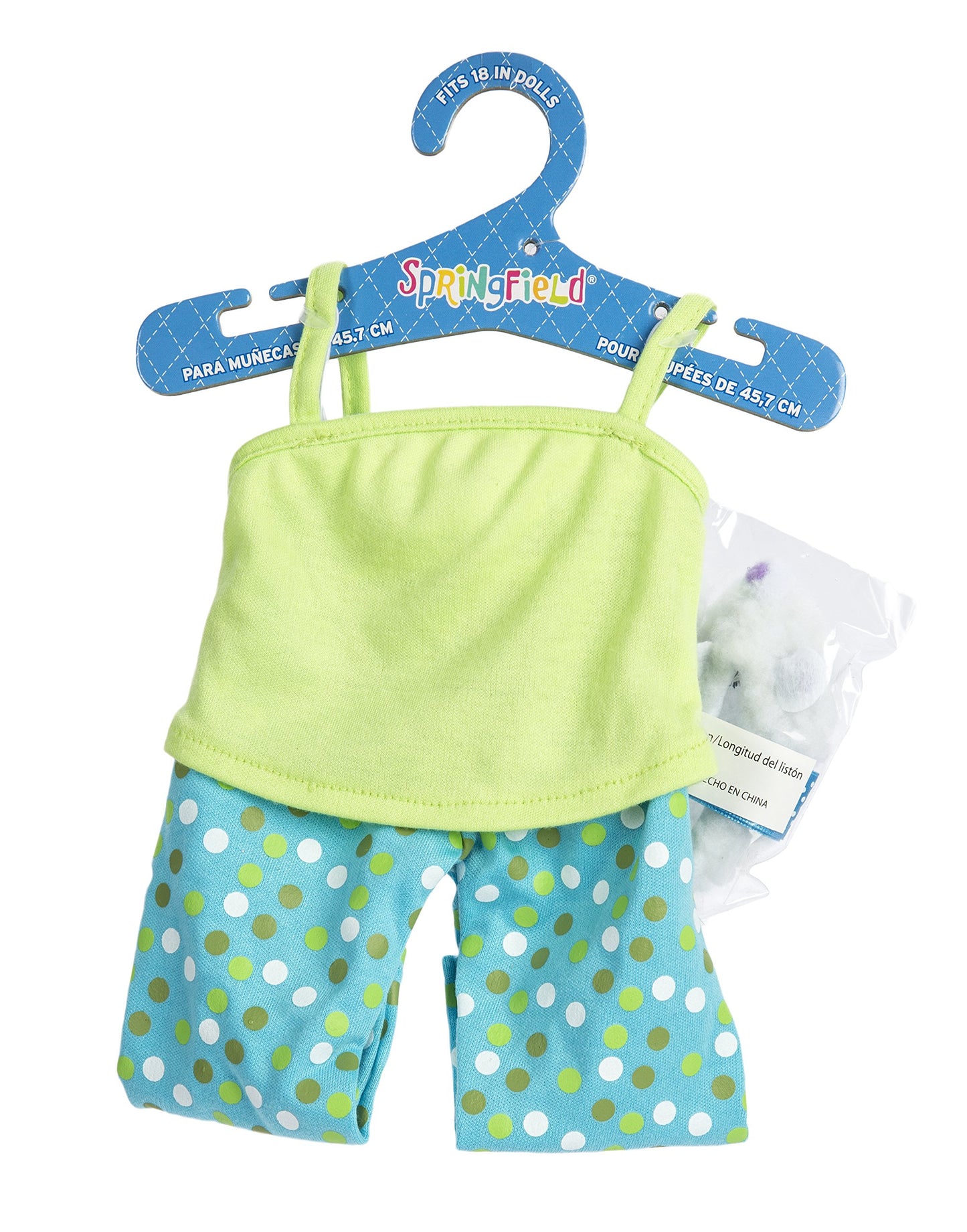 Fibre Craft The Springfield Collection Pajama Outfit, Green Top, Dot Pants, Slippers and Ribbon