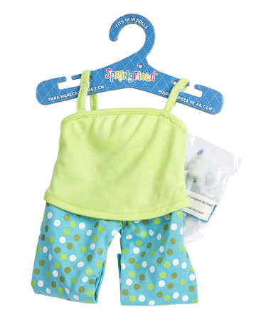 Fibre Craft The Springfield Collection Pajama Outfit, Green Top, Dot Pants, Slippers and Ribbon