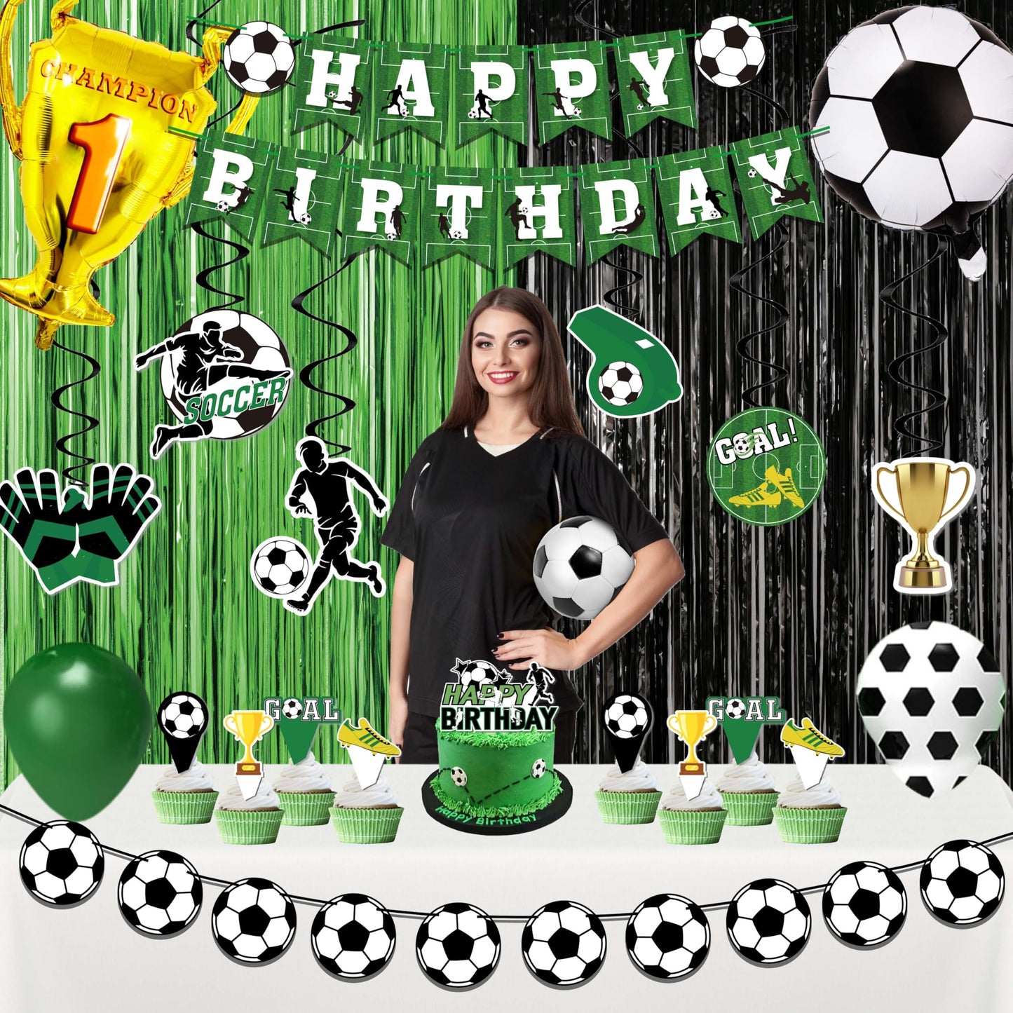 Soccer birthday Party Decorations, Soccer Birthday Party Supplies Kit, Include Sport Themed Birthday banner, Foil Fringe,Hanging Swirls, Soccer