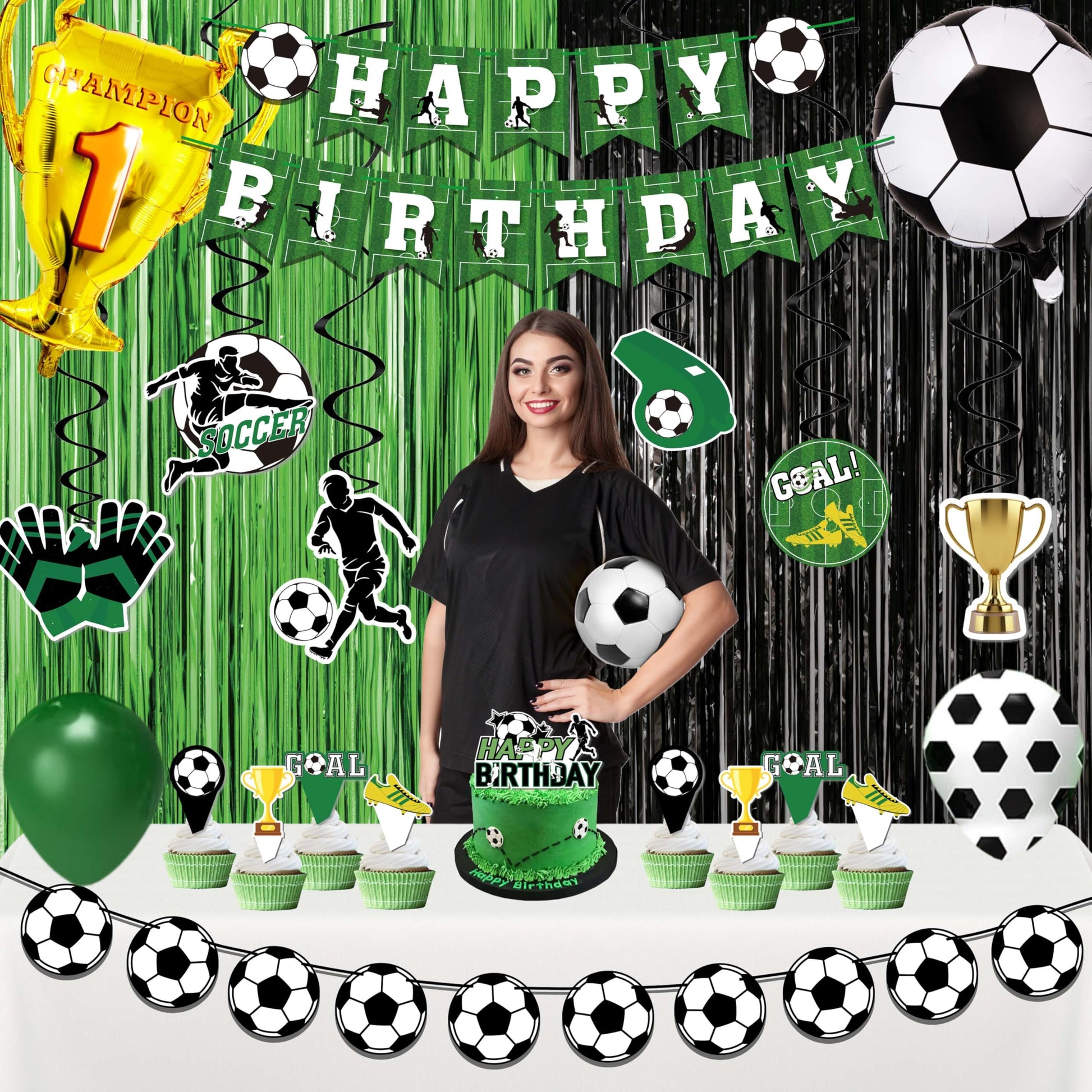 Soccer birthday Party Decorations, Soccer Birthday Party Supplies Kit, Include Sport Themed Birthday banner, Foil Fringe,Hanging Swirls, Soccer