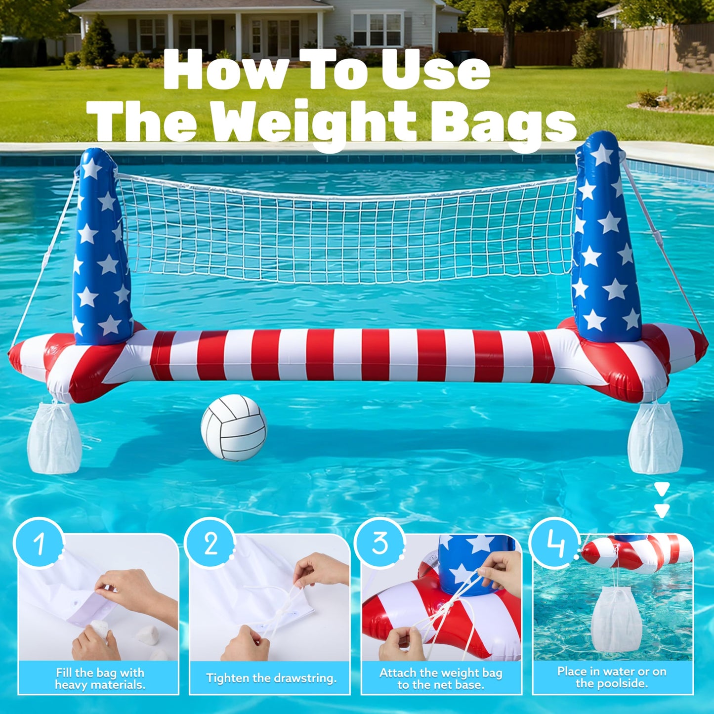 SLOOSH 4th of July Pool Games Set, Inflatable Pool Floats Set American Flag Volleyball Net & Basketball Hoops, Swimming Pool Game Toy for Kids
