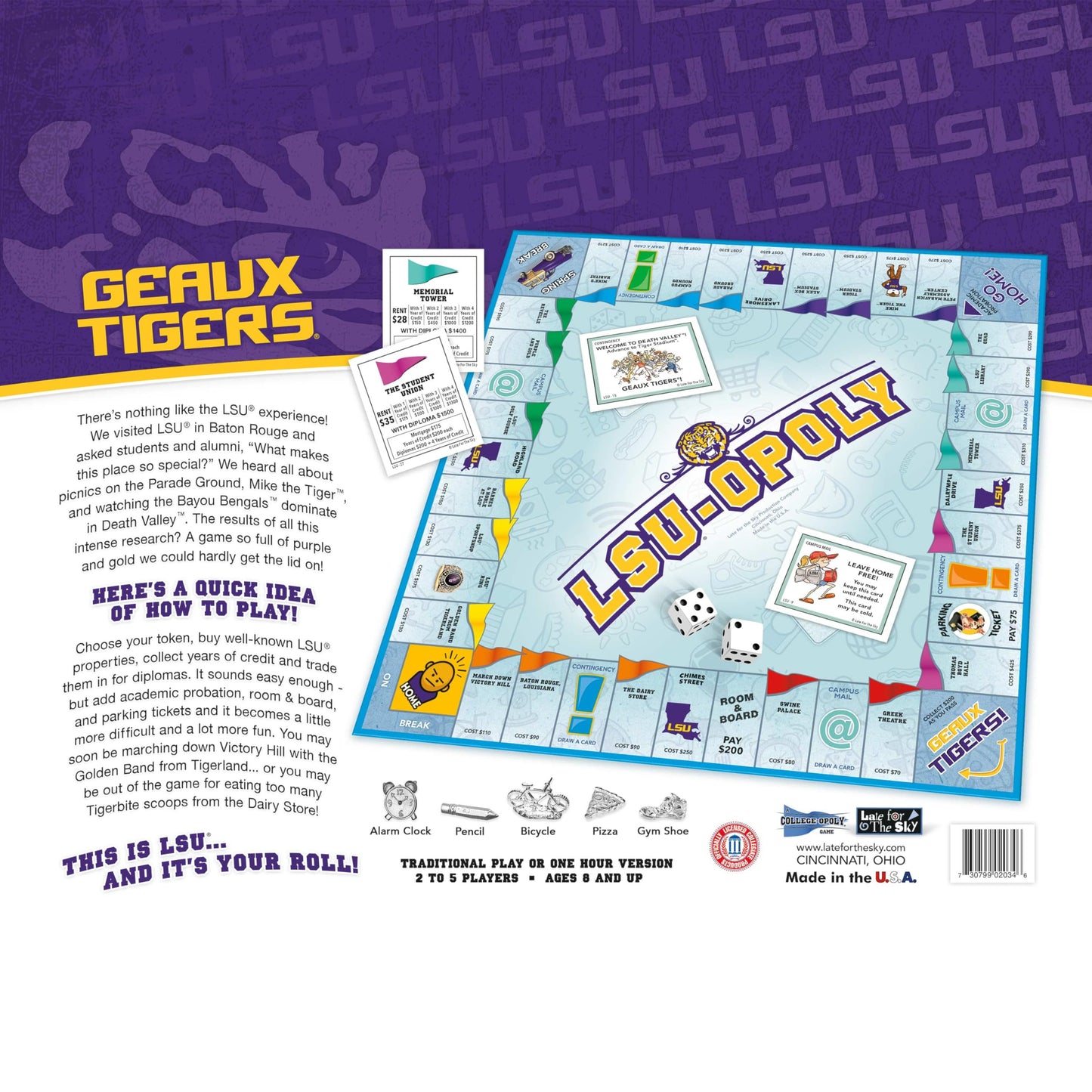 Late for the Sky LSUOPOLY Board Game - LSU Tigers Property Trading Family Game, Campus Edition for Alumni Students Fans, 2-6 Players, Ages 8+