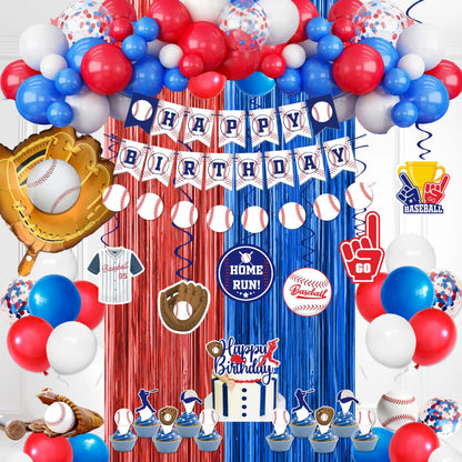 Baseball Party Decorations, Baseball Birthday Party Supplies Kit, Include Sport Themed Birthday banner, Foil Fringe,Hanging Swirls, Baseball Balloons