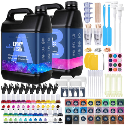 KISREL Epoxy Resin 2 Gallon - Clear Epoxy Resin Kit with 24 Pigments and 24 Colors of Mica Powders - No Yellowing No Bubble Casting Resina for Art
