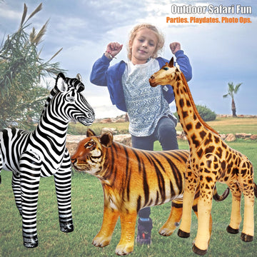 Jet Creations Wildlife Safari Inflatable Animals 3-Pack - Giraffe 36", Zebra 32", Tiger 20" - Jungle Theme Party, Halloween & Fall Decorations, VBS