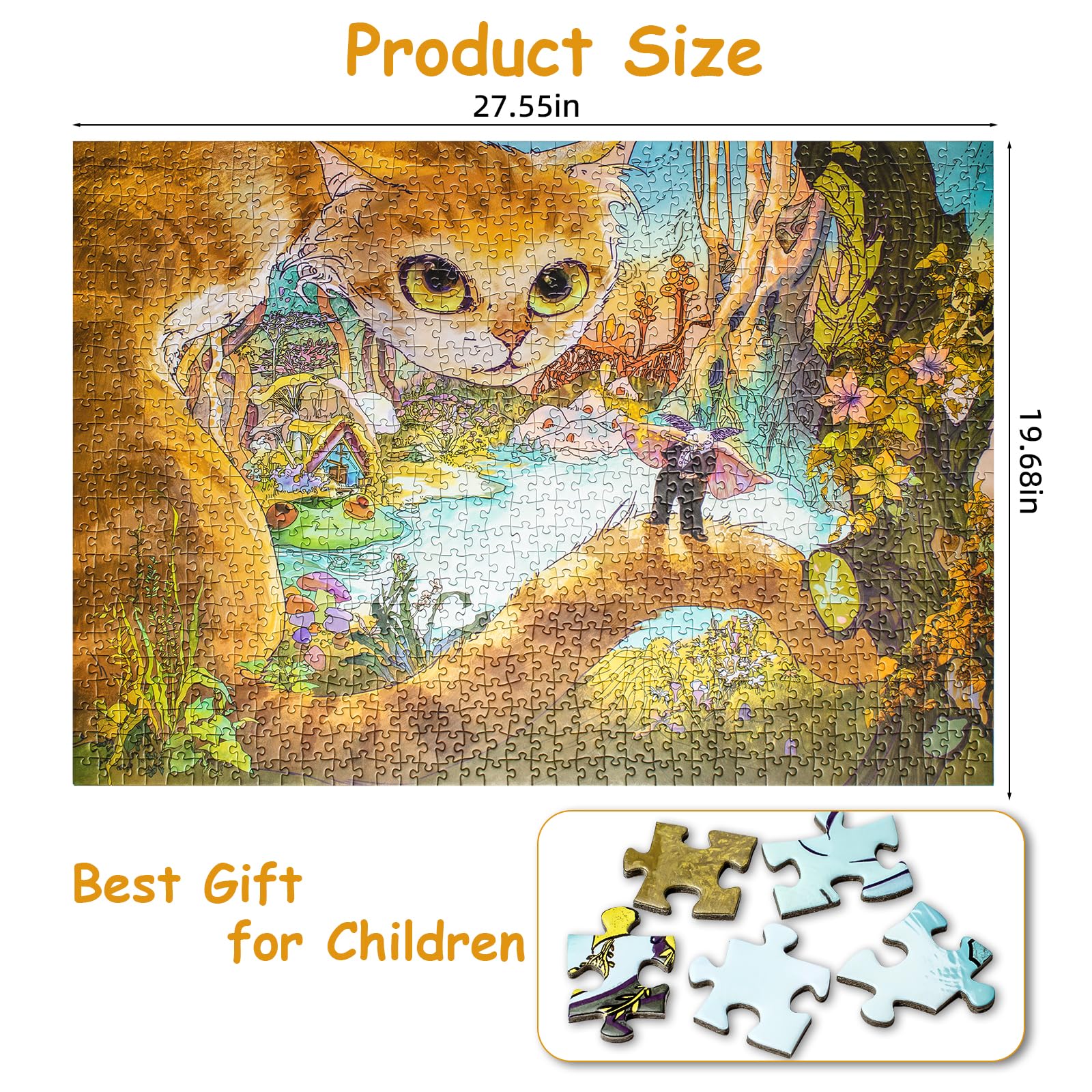 1000-Piece Fantasy Forest Cat Jigsaw Puzzle, Cats and Insects Band Puzzle for Adults Fun and Challenging Family Game Great Gift Idea, Finished Size is
