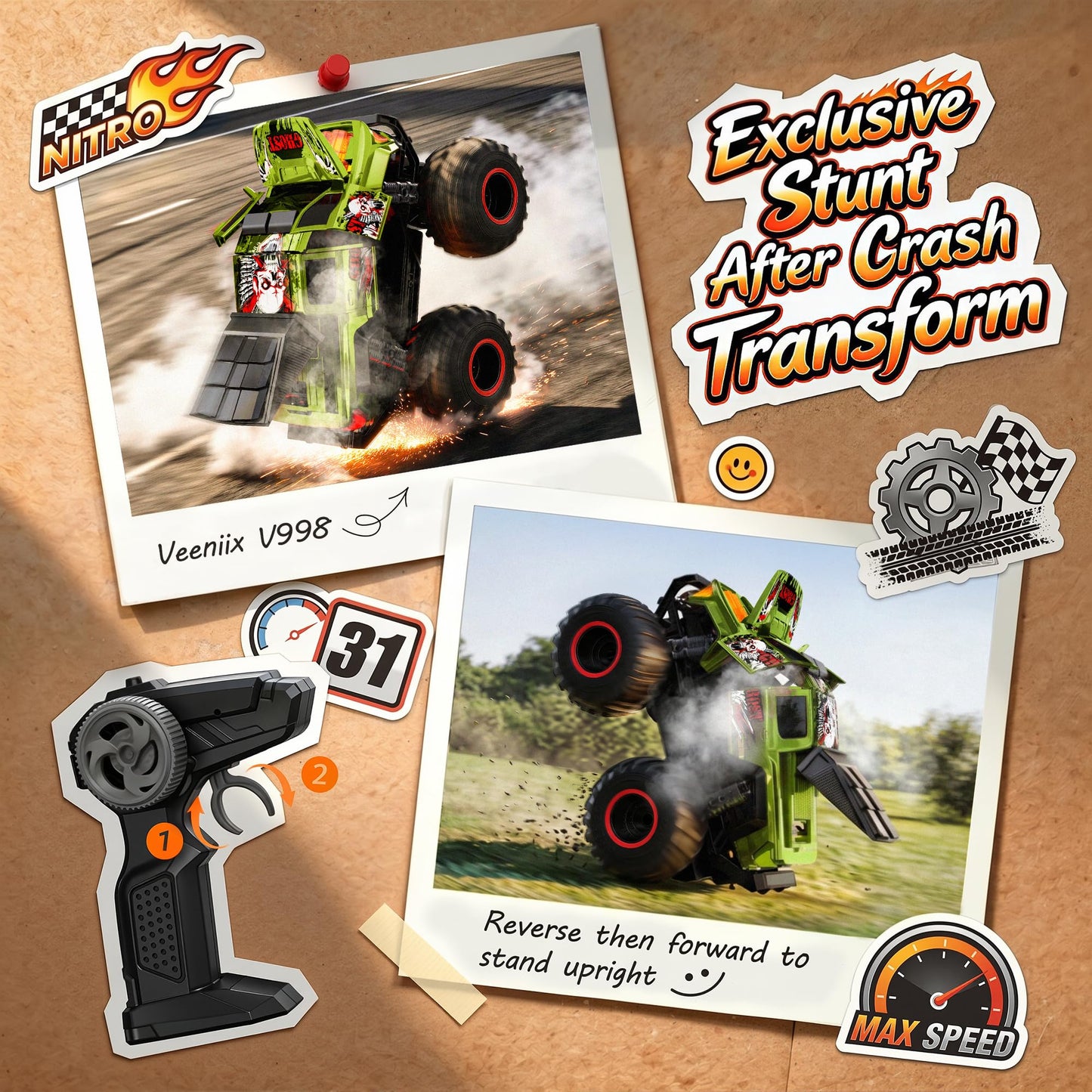 Veeniix Exploding RC Monster Truck,Crash Transform Mist Spray Lights Sounds