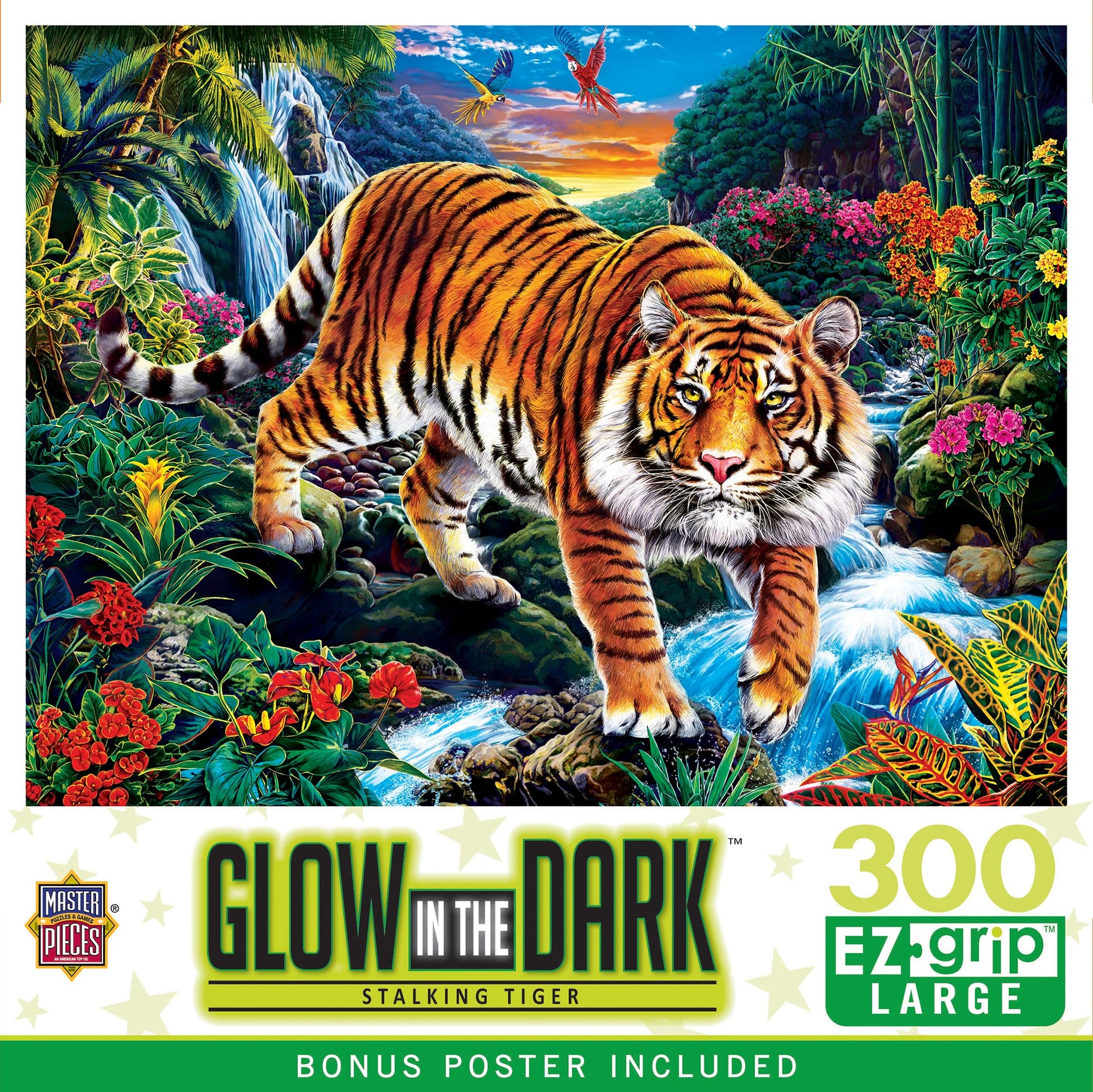 MasterPieces 300 Piece EZ Grip Tiger Puzzle, Glow-in-the-Dark Nighttime Fun - Stalking Tiger Artwork, Large Easy-Grip Jigsaw Puzzle Pieces