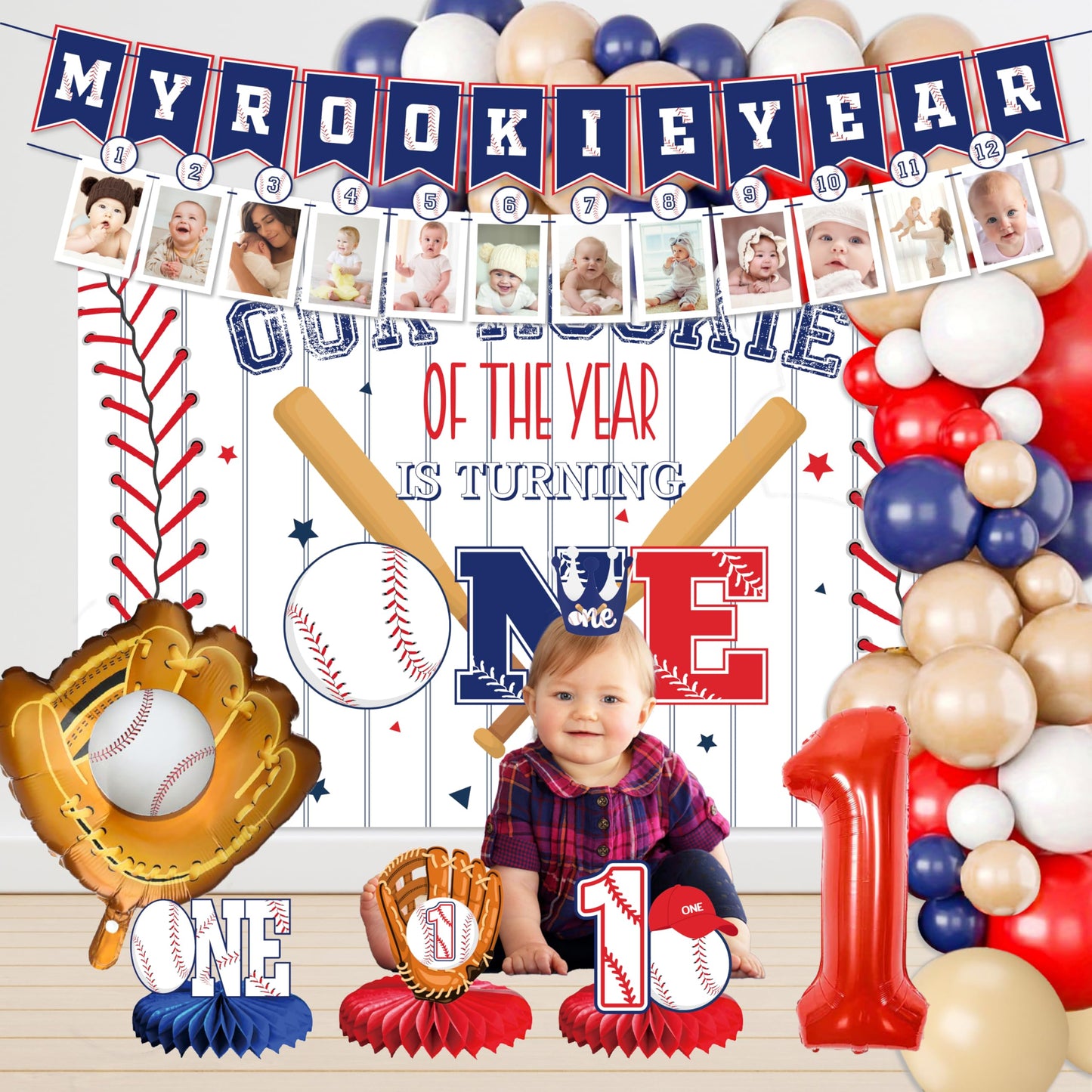 Baseball 1st birthday party decorations boy, our rookie Backdrop,Baseball Balloon Arch,my rookie year banner,first birthday decorations for boy