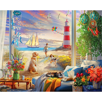 White Mountain 500 Piece Jigsaw Puzzle Beach Lighthouse Dog, Summer Road