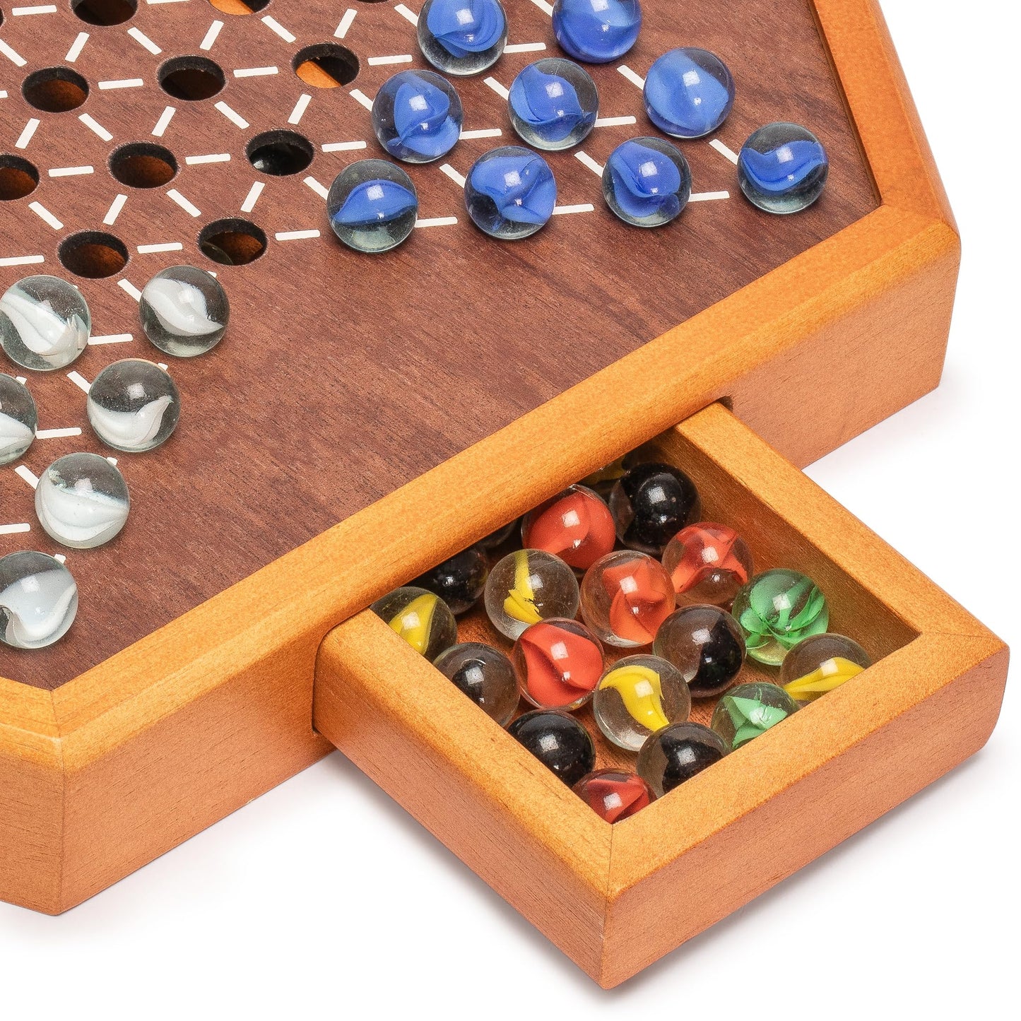 Yellow Mountain Imports Wooden Chinese Checkers Halma Board Game Set - 15.7 x 13.6 Inches - with Drawers and Glass Marbles