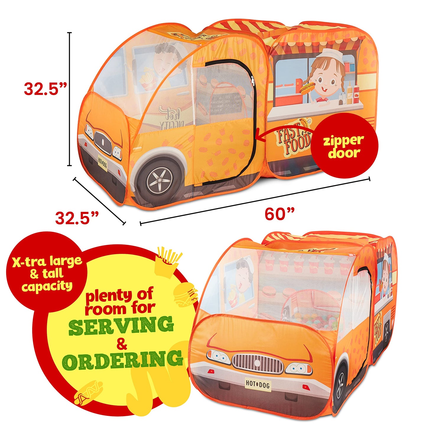 Kiddzery Food Truck Play Tent - 54 Pc. Food Set Pop Up Playhouse - Pretend Play Toys for Toddlers - Ball Pit Playset - Indoor & Outdoor Toy Tents