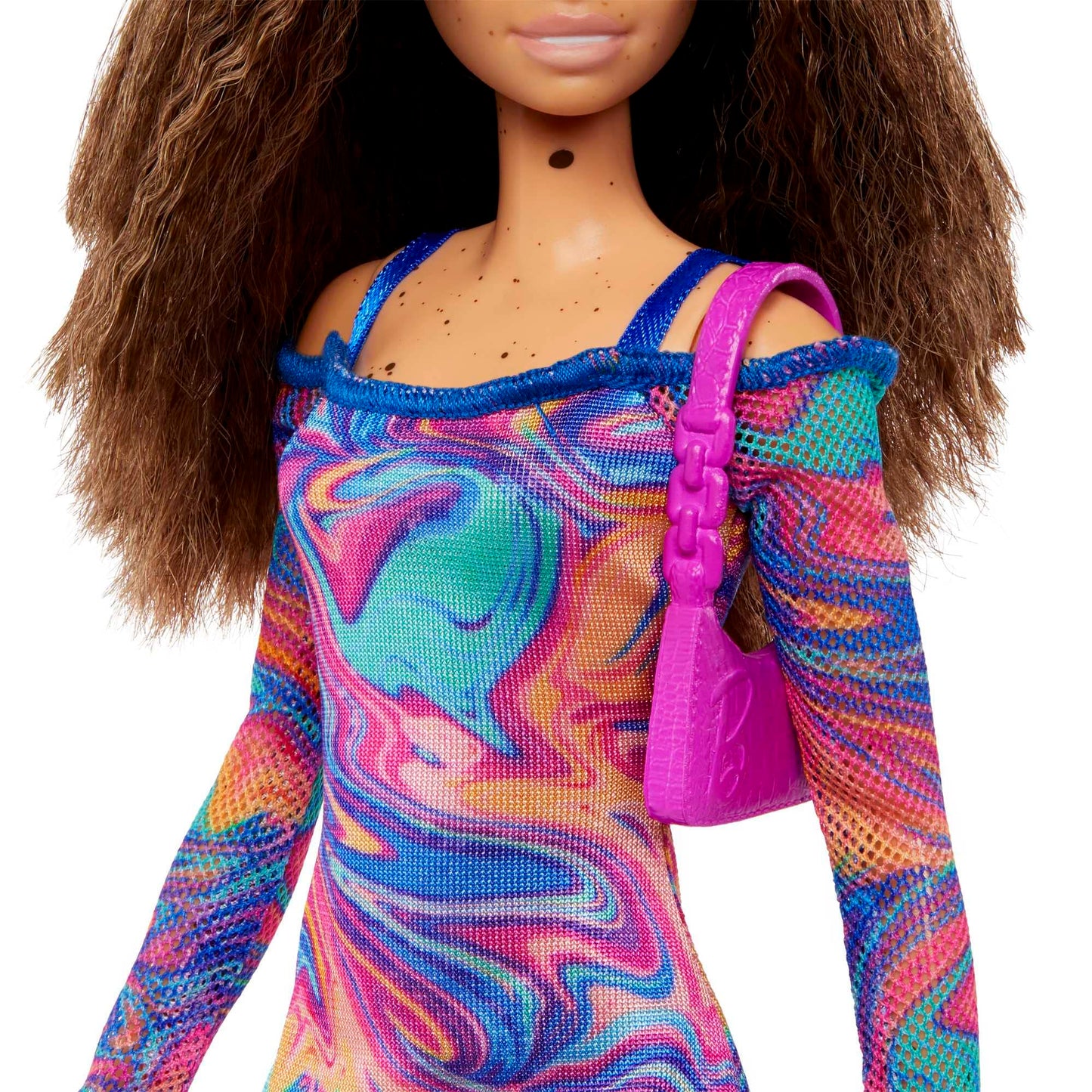 Barbie Fashionistas Doll #206 with Crimped Hair & Freckles Wearing Removable Rainbow Marble-Print Dress, Green Mules & Purse