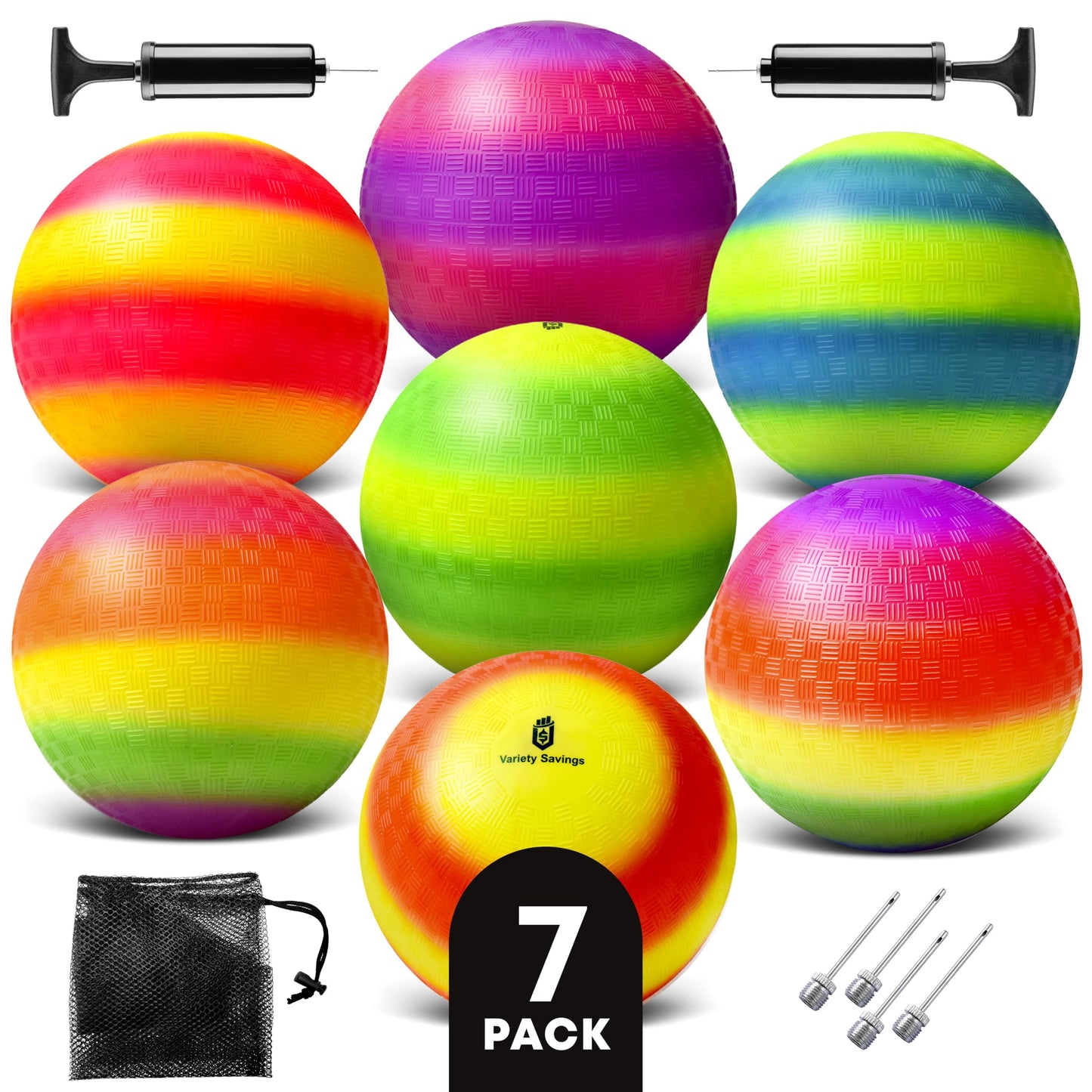 Variety Savings 7 Pack Playground Balls (8.5 Inch) - Dodgeball & Kickball Set for Kids, Includes 2 Pumps, 4 Pins, Mesh Bag - School & Outdoor Play