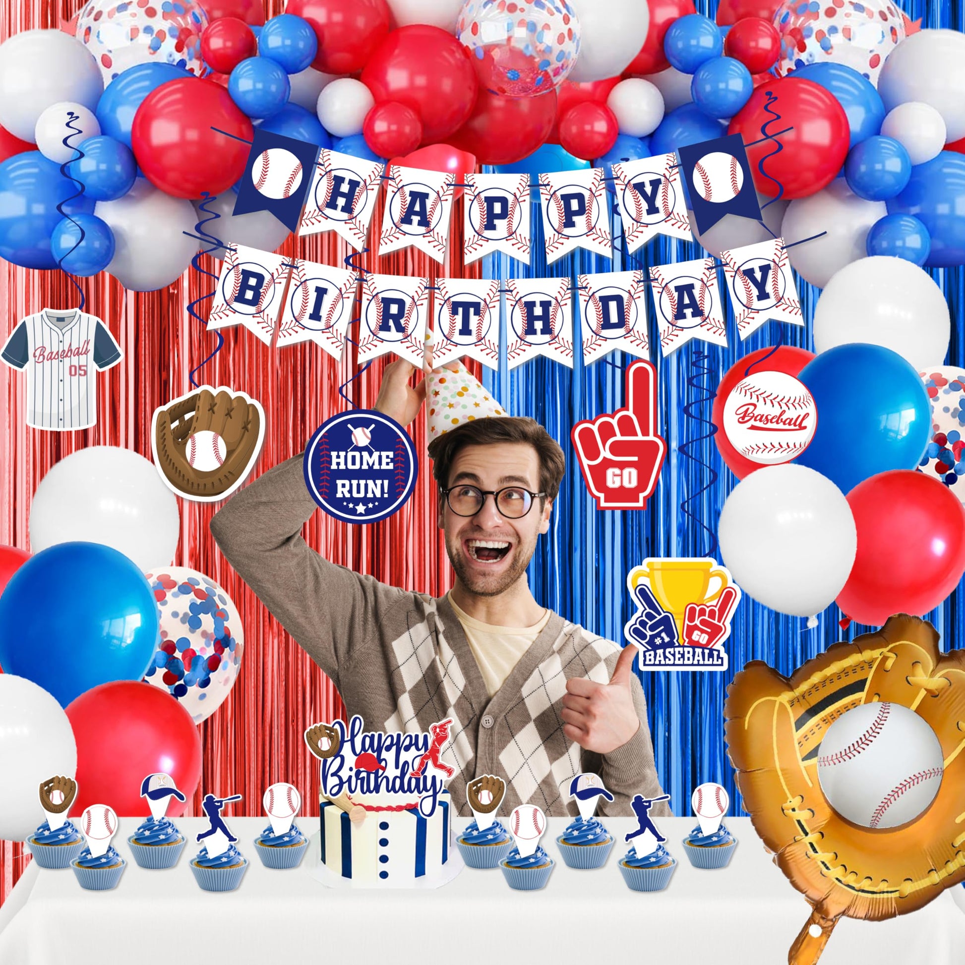 Baseball Party Decorations, Baseball Birthday Party Supplies Kit, Include Sport Themed Birthday banner, Foil Fringe,Hanging Swirls, Baseball Balloons
