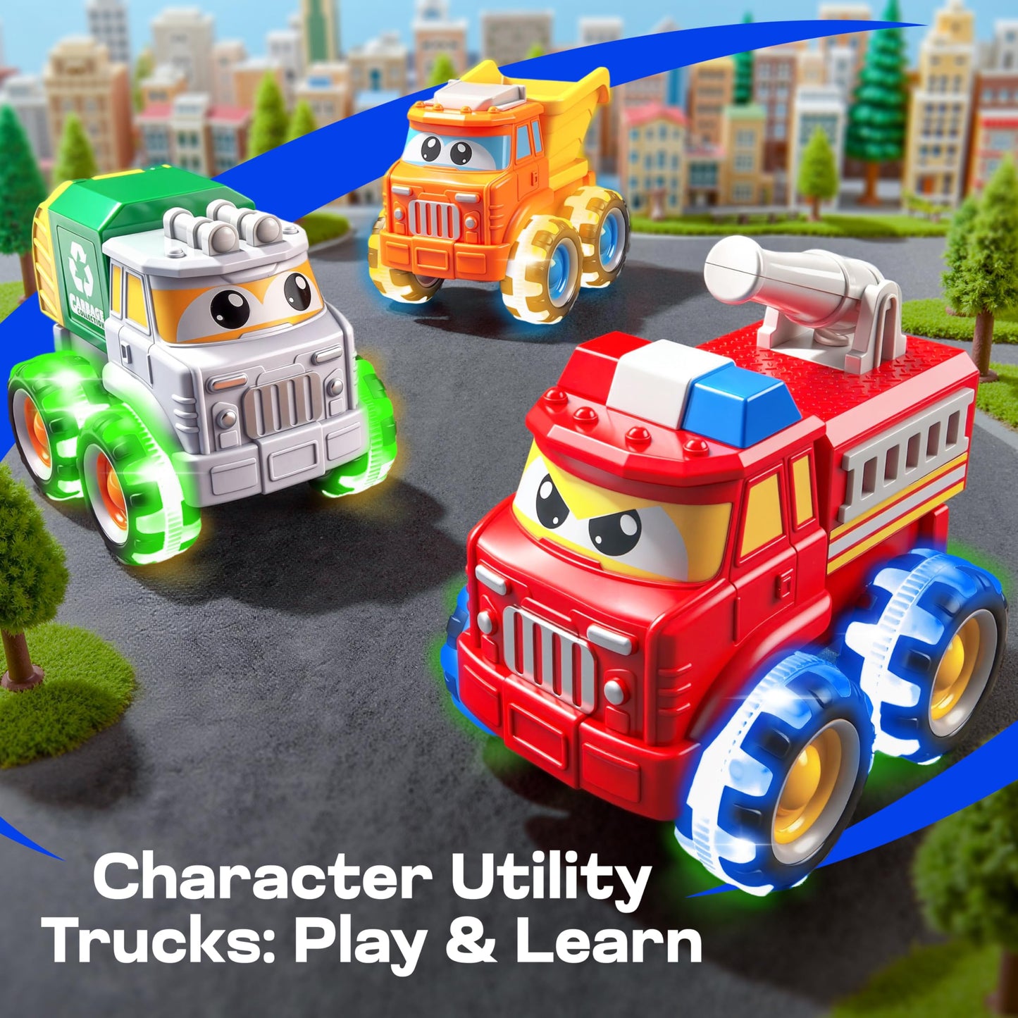 Vroomix JOVA GlowRover 3 Pack Monster Truck Toys, City Utility Cars with Flashing LED Light Up Wheels, Push and Go Cars for Toddlers Boys Girls Age 2