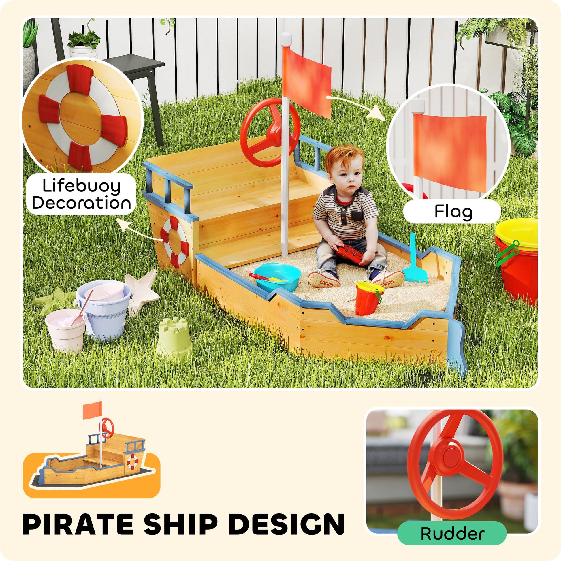 Outsunny Wooden Kids Sandbox Ship-Shape Outdoor Sandboat Natural Wood