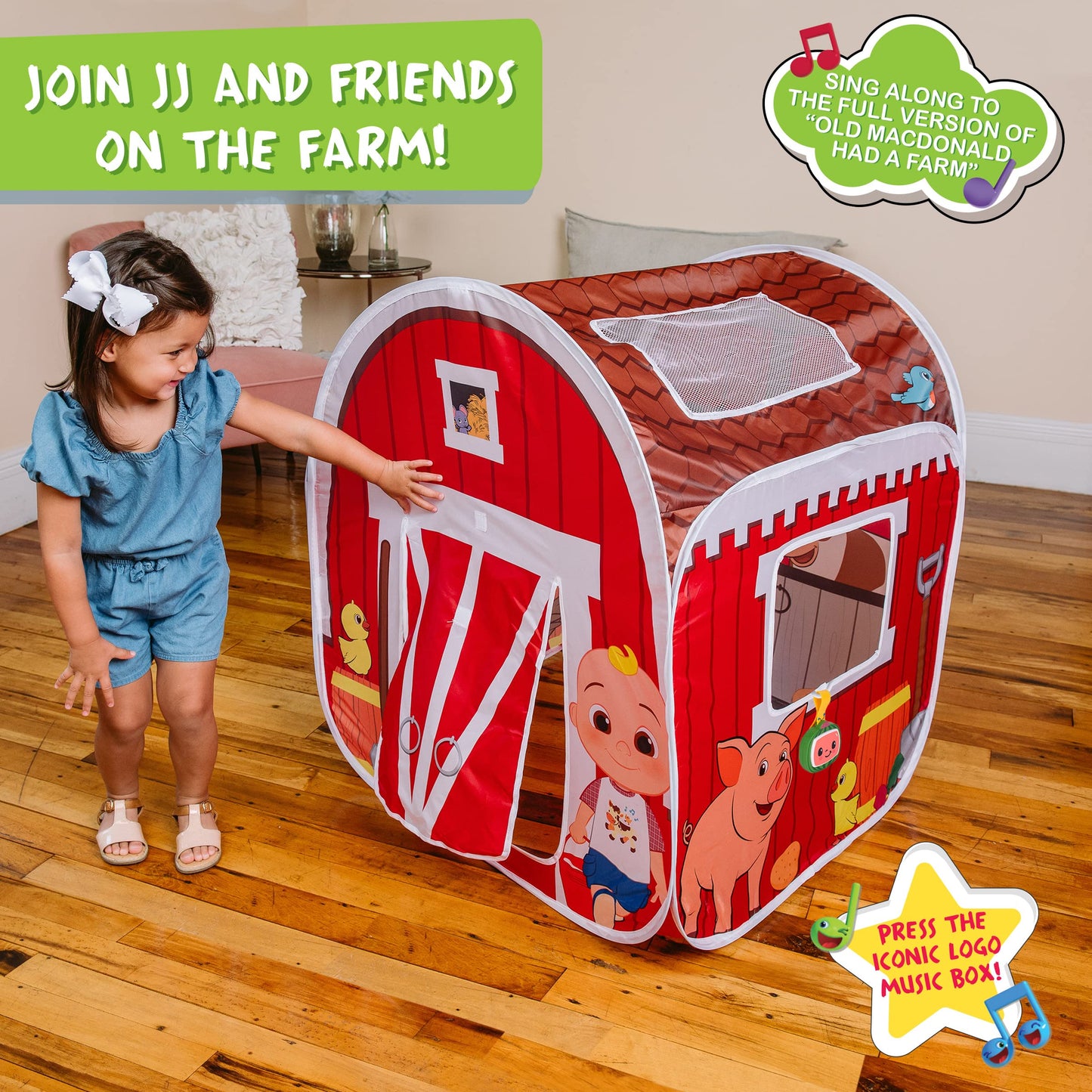 CoComelon Old MacDonald's Musical Barn Pop Up Tent - Easy to Setup Playhouse for Kids | Plays Music, Roll Up Door and Mesh Windows