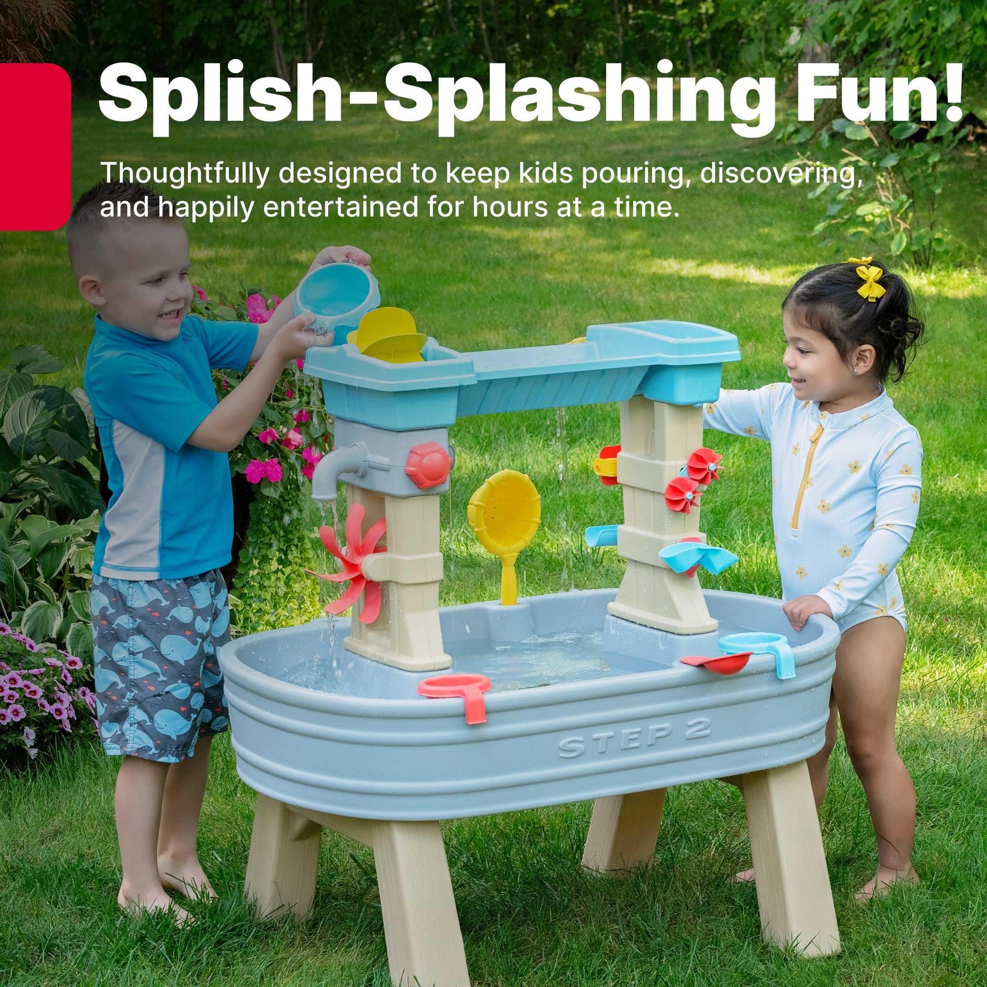Step2 Rain Showers & Flow Kids Water Table, Outdoor Toddler Activity Table, 15-Piece Accessory Set, Ages 1.5+ Years Old, Multicolor (Gray, Blue, Red)