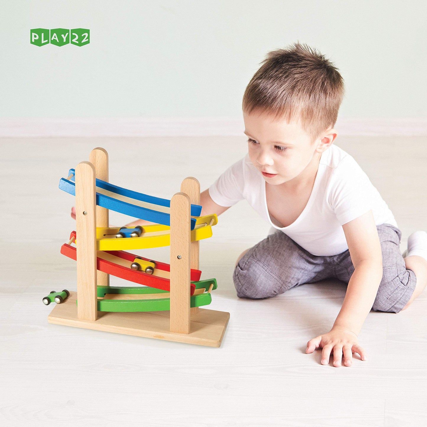 Play22 Wooden Car Ramps Race - 4 Level Toy Car Ramp Race Track Includes 4 Wooden Toy Cars - My First Baby Toys - Toddler Race Car Ramp Toy Set is