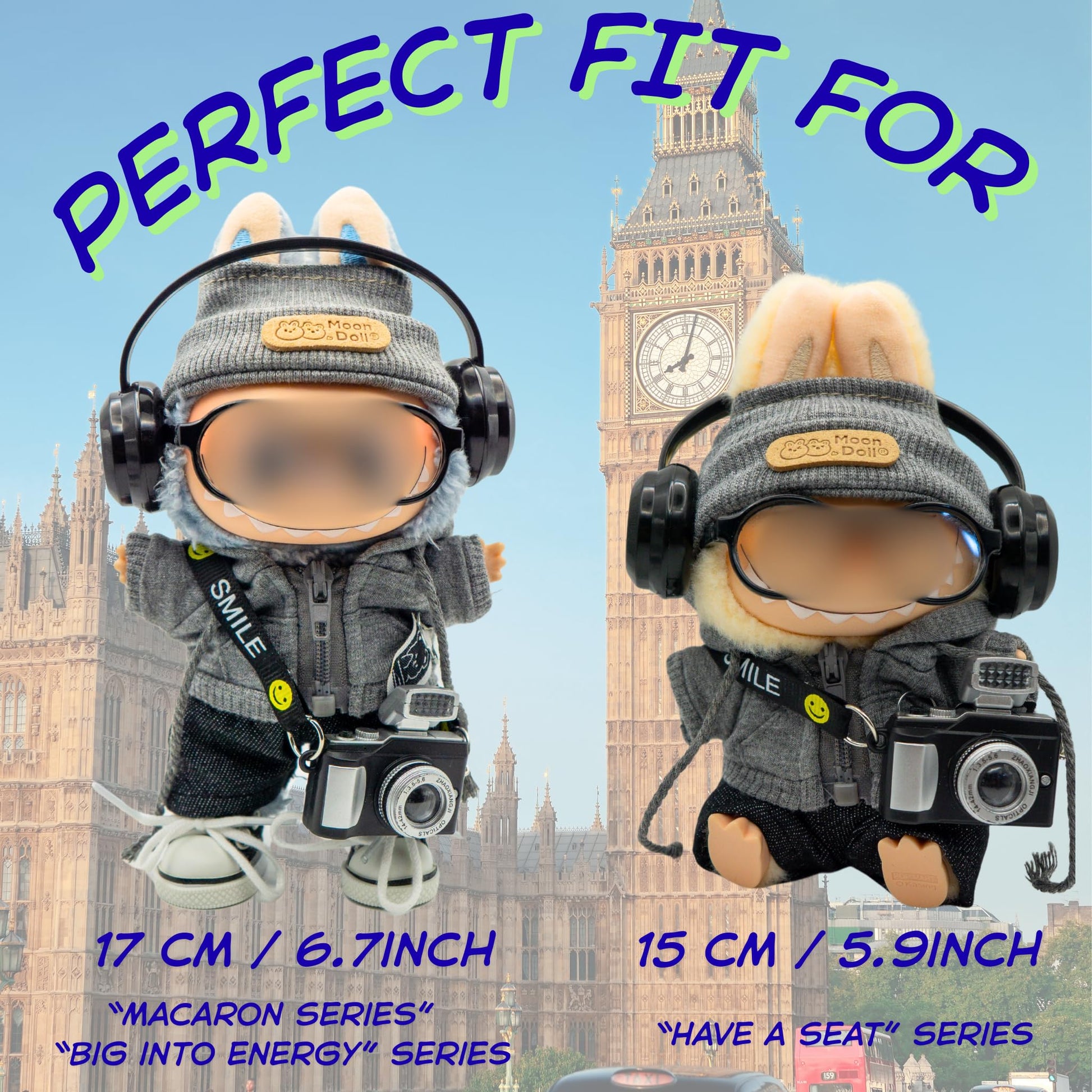 Clothes for 17cm(6.7inch) Labubu, - 7 PCS Street Photographer Outfits for Labubu, Interactive Camera, Zippered Hoodie, Hat, Sneakers, Glasses