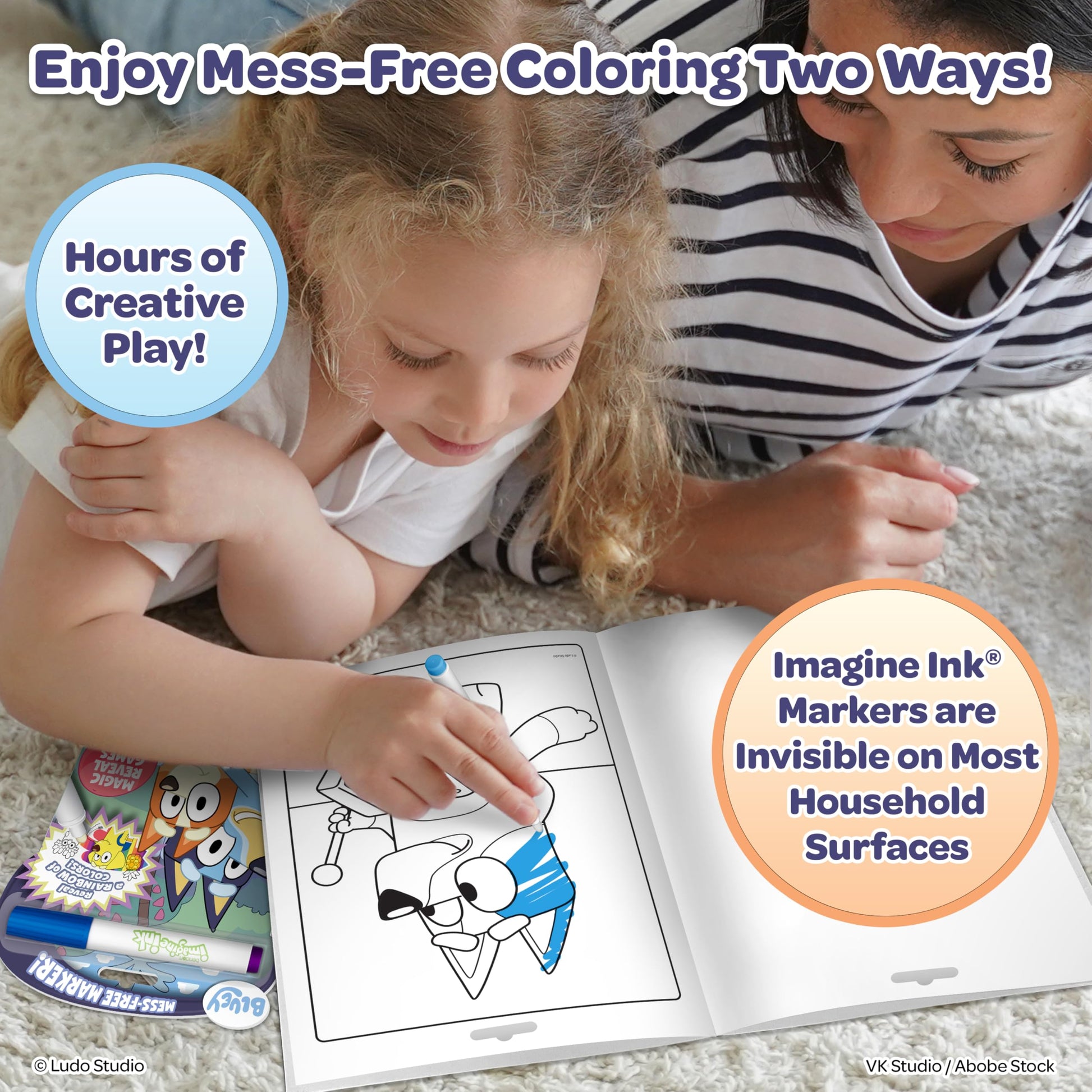 Bendon Official Bluey Imagine Ink Coloring Book Set 2 Pack with Mess-Free Markers, 16 Pages, 6 Magic Ink Markers, Built-in Storage Case, Travel Gift
