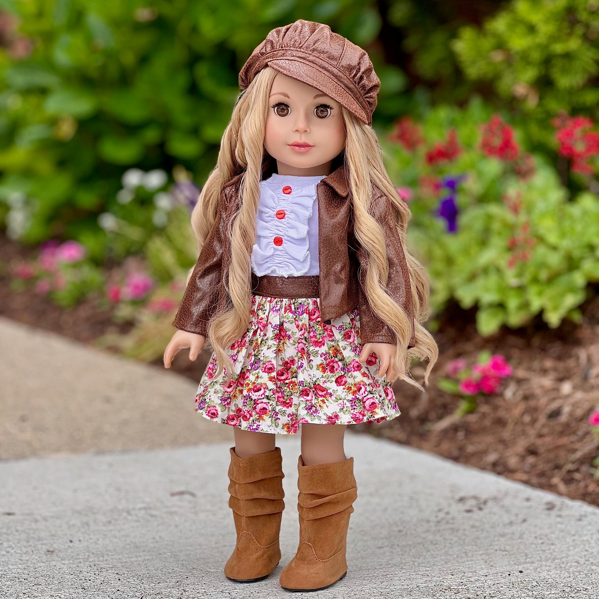 DreamWorld Collections - Urban Explorer - Clothes Fits 18 Inch Doll - Brown Motorcycle Jacket with Paperboy Hat, Dress and Boots - (Doll not Included)