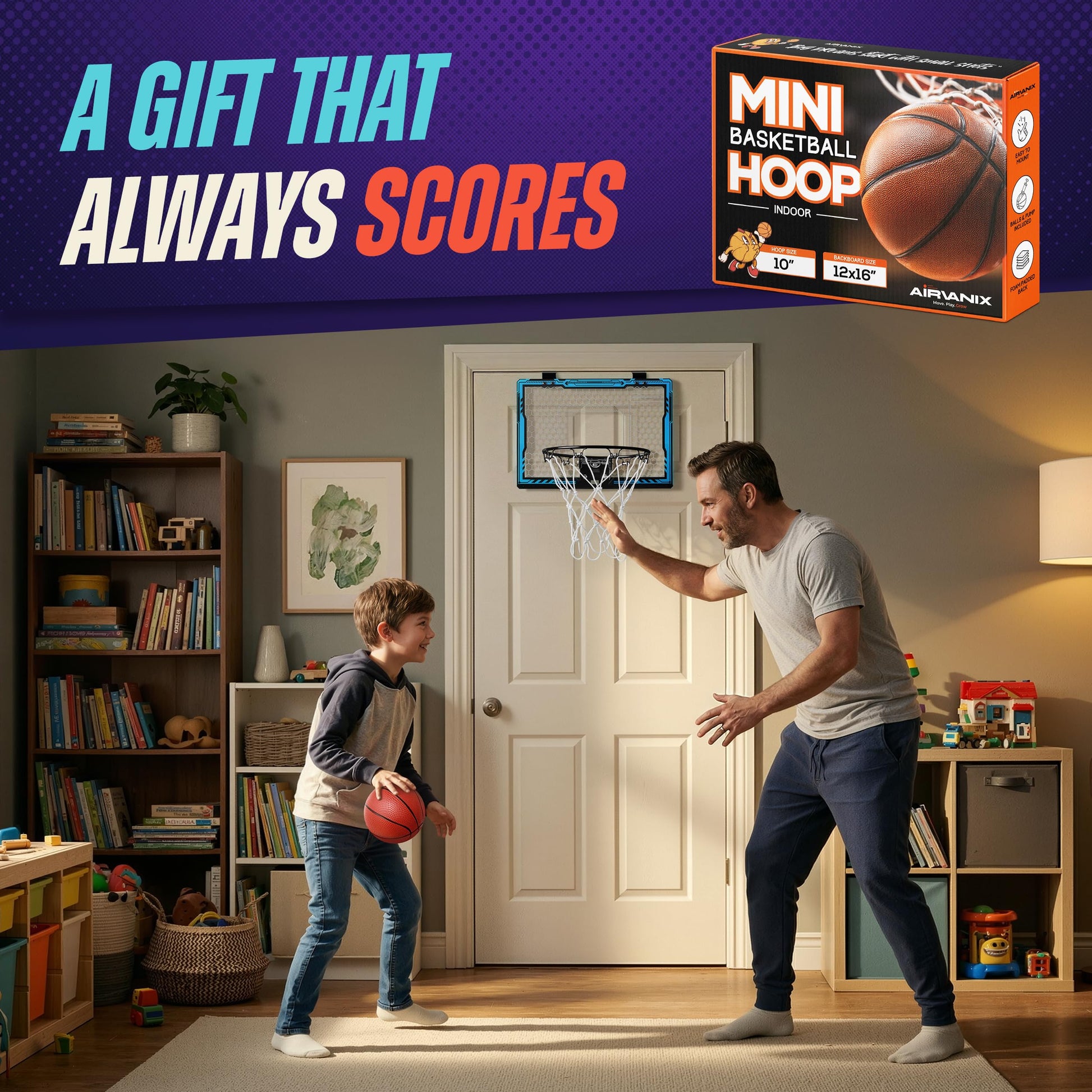 AIRVANIX Mini Basketball Hoop for Kids | Spring-Loaded Rim for Slam Dunks, Extra Backboard Padding | Foldable Indoor Basket Ball Hoops | 2 Over