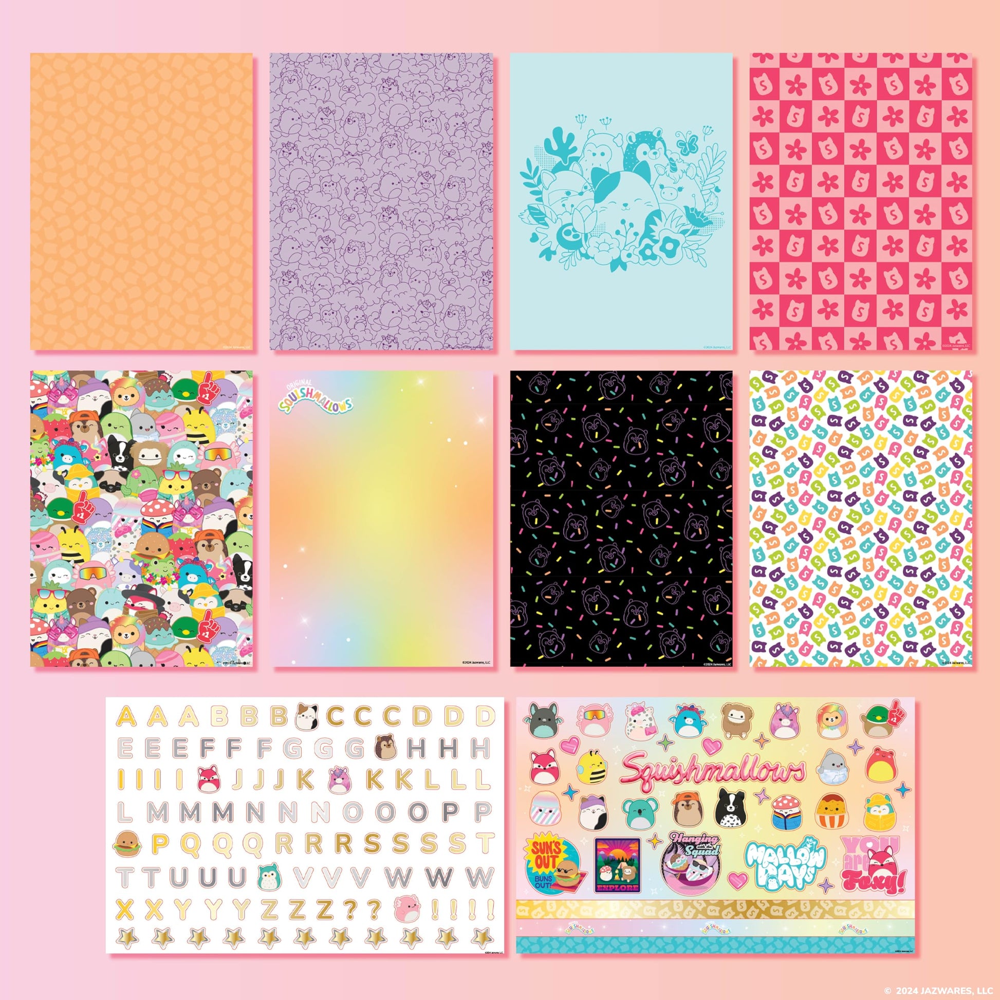 Squishmallows Original DIY Journaling Set, Journaling Kit with Gel Pens, Stickers, Sticky Notes, and Gems, Scrapbook for Kids, Cute Stationary Set,