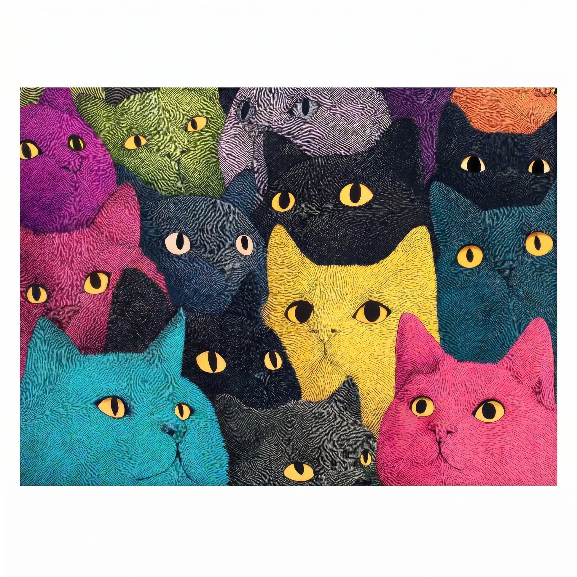 1000 Piece Puzzle for Adults, Colorful Whimsical Cat Faces Illustration, Premium Matte Finish, Thick Blue Cardboard, Fun and Challenging Jigsaw