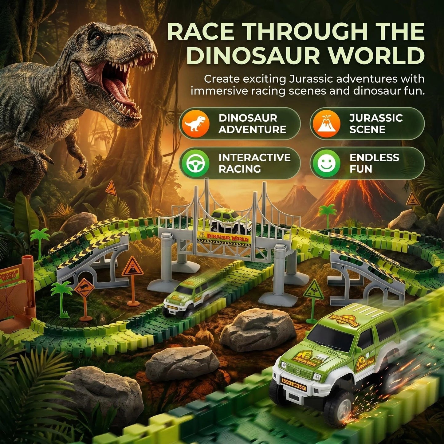 Dinosaur Race Track Toys for Boys 3-5, Flexible Bridge Car Track Set with 2 Toy Cars & Dinosaur Figures, Adventure Race Track Playset for Boys Age 4-7