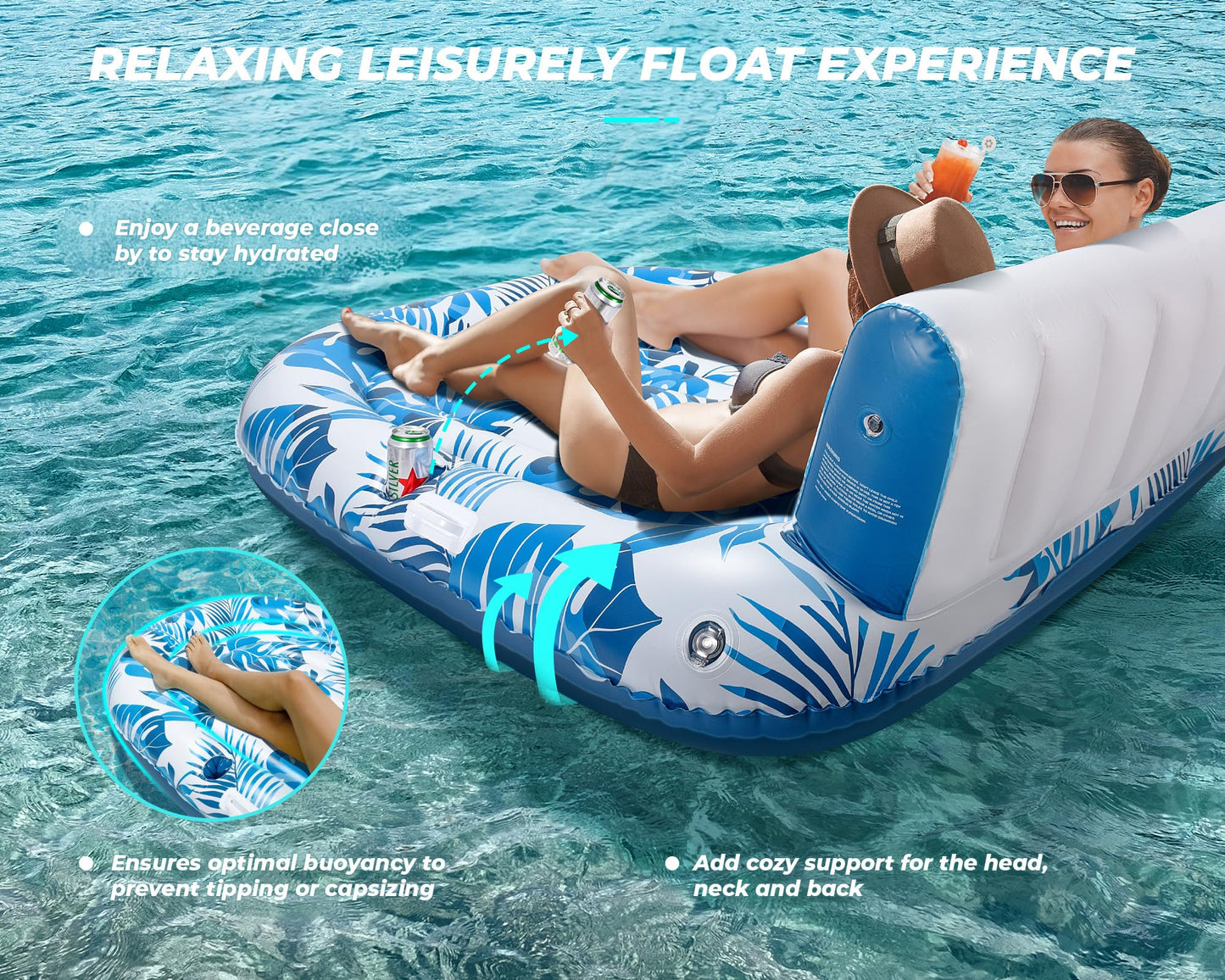 Pool Floats Adult 2 Person Inflatable Tanning Pool Lounger Extra Large River Rafts Heavy Duty Water Floaties Chair Lounge Recliner with Cupholder