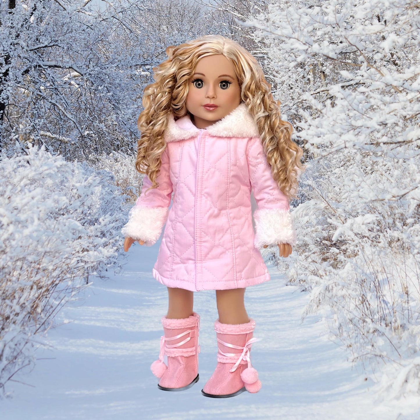 Cotton Candy - 3 Piece Doll Clothes Outfit for 18 inch Dolls - Parka with Hood, Dress, and Boots (Doll Not Included)