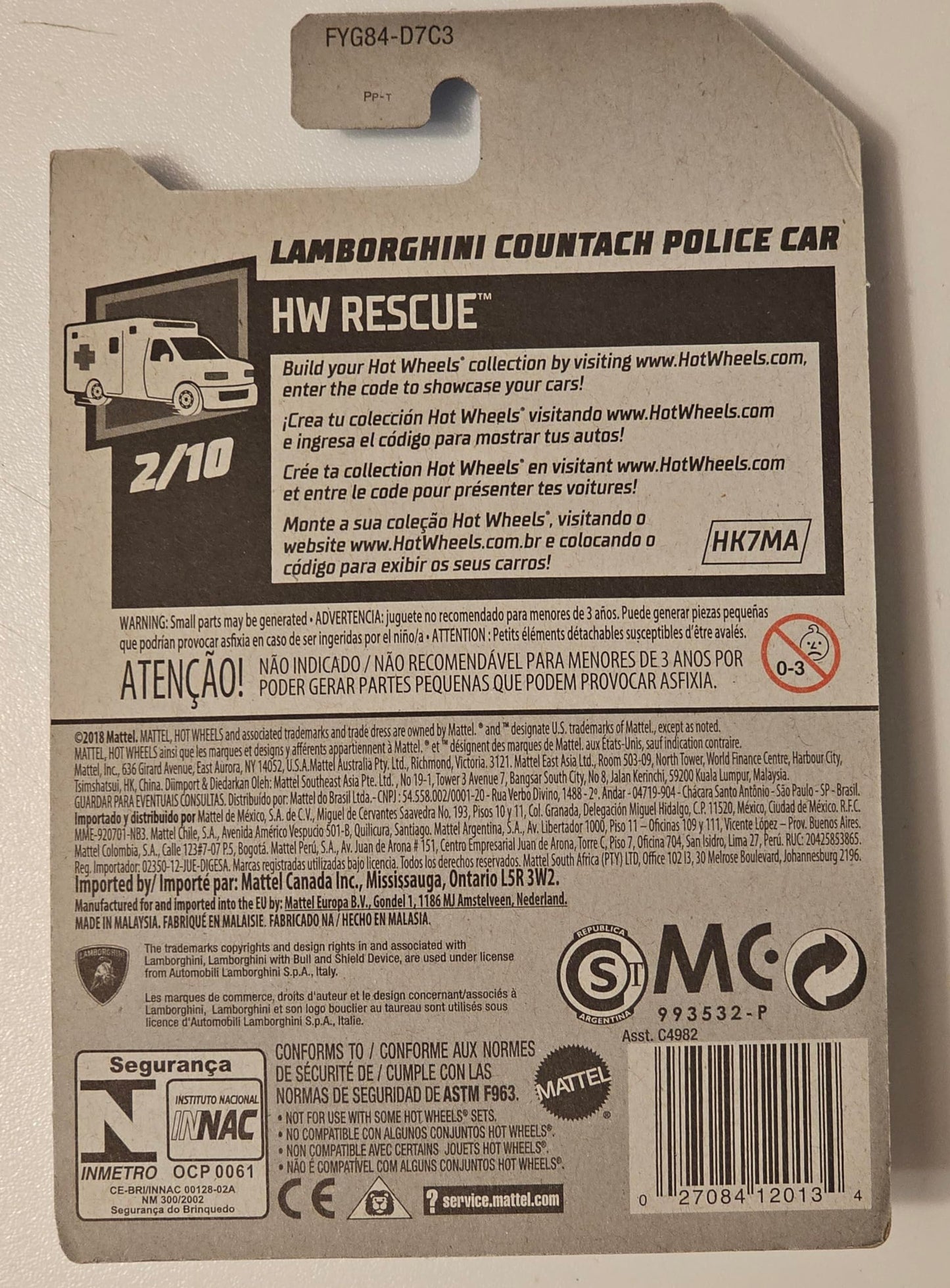 Hot Wheels Rescue Series 2/10 Lamborghini Countach Police Car 142/250, Blue