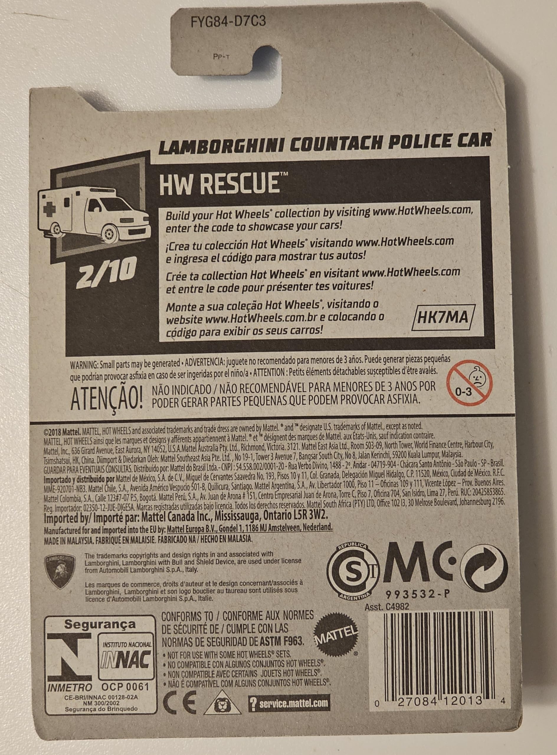 Hot Wheels Rescue Series 2/10 Lamborghini Countach Police Car 142/250, Blue