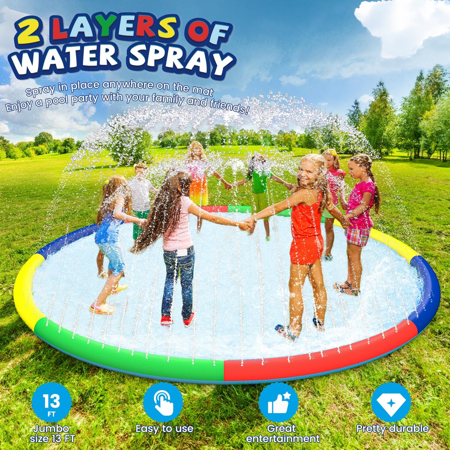 ODOSOLA 13 FT Large Splash Pad for Kids Ages 4-8, Non-Slip Baby Splash Pads for Toddlers, Oversized Kids Sprinklers for Yard, Heavy Duty Kid Pools