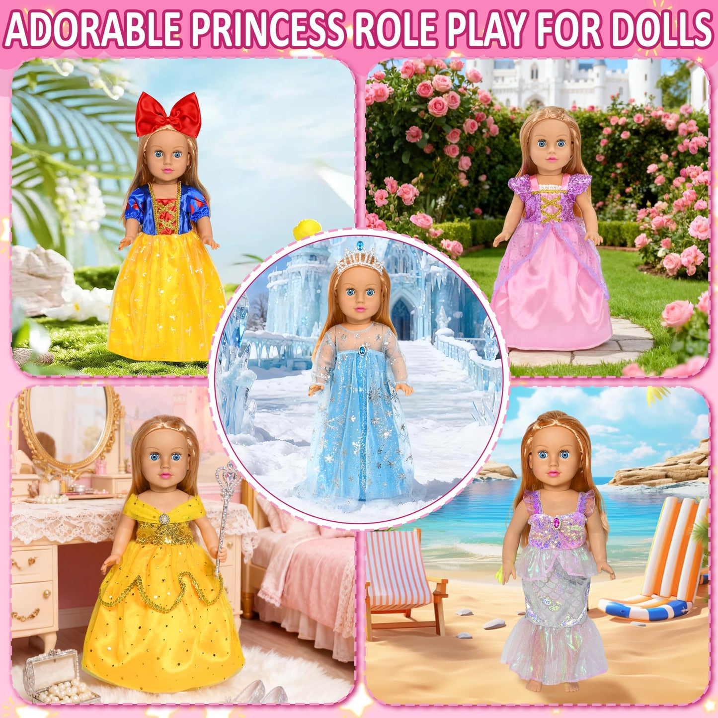 Lavwix 8 pcs American Doll Clothes Set for 18 inch Dolls, Doll Clothing Outfits Include 6 Different Princess Dresses, Crown, Hair Bow, Christmas