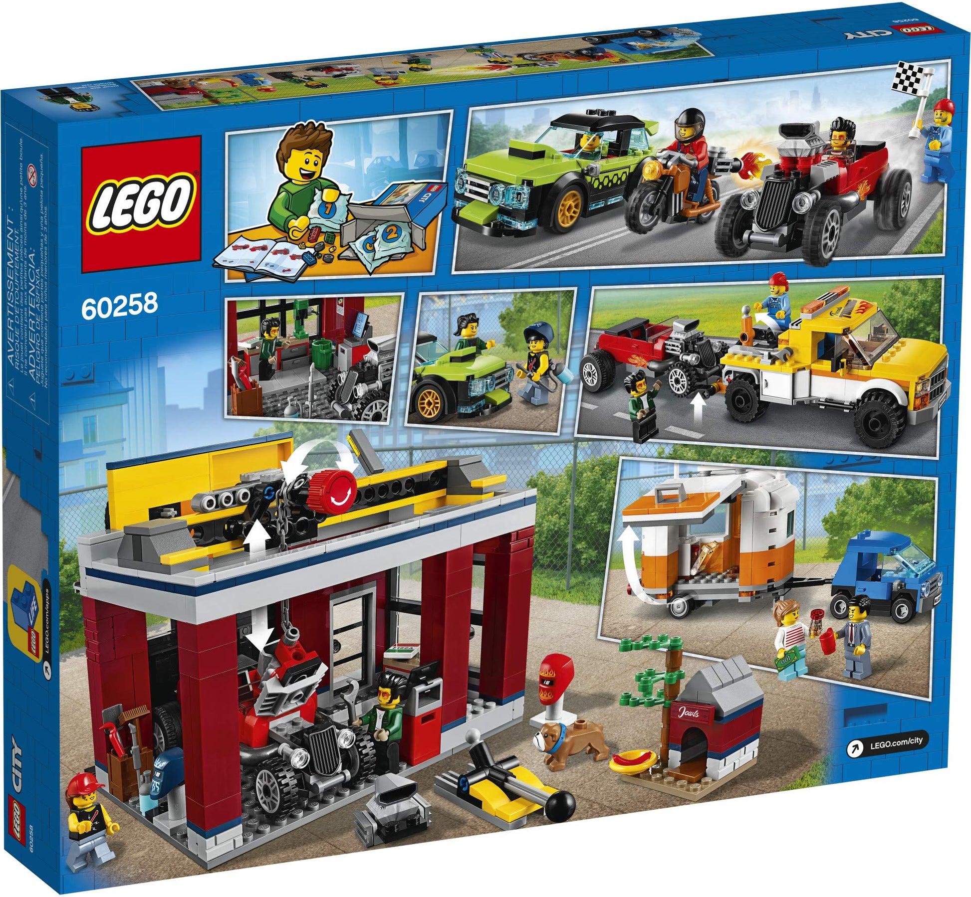 LEGO City Tuning Workshop 60258, Features a Toy Garage, Car Shop, Camping Trailer, Motorcycle, Crane and Tow Truck in One Fun Playset, Makes a Great