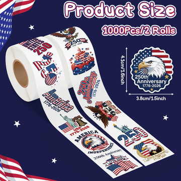 5wsech United States 250th Anniversary Roll Stickers for Kids - 1000Pcs 4th of July 1776-2026 America Flag Elements Patriotic Decals for Independent