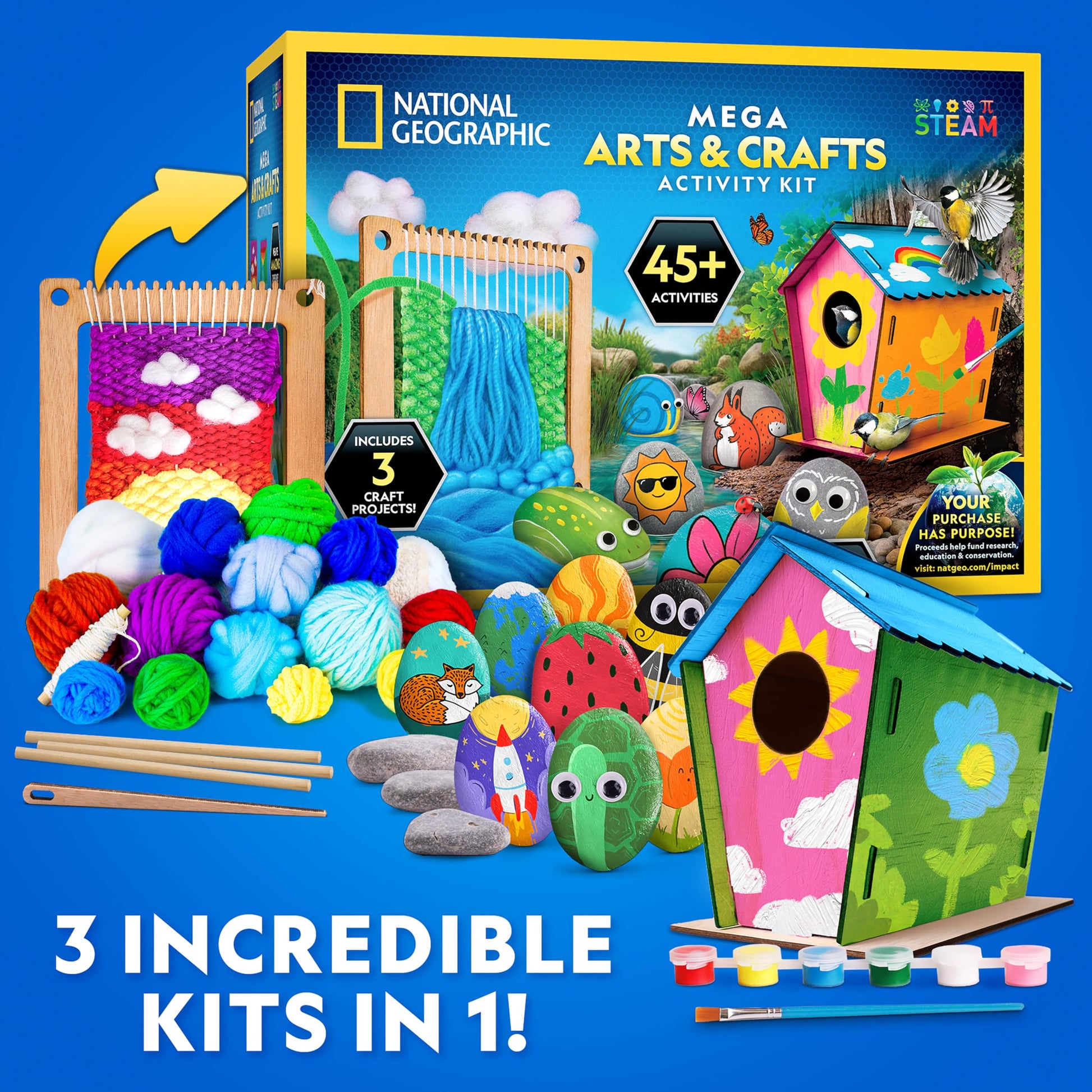NATIONAL GEOGRAPHIC Mega Arts & Crafts Activity Kit for Kids Ages 8-12 - 3 Craft Kits to Build, Paint, Weave & Create, Rock Painting, Weaving Loom