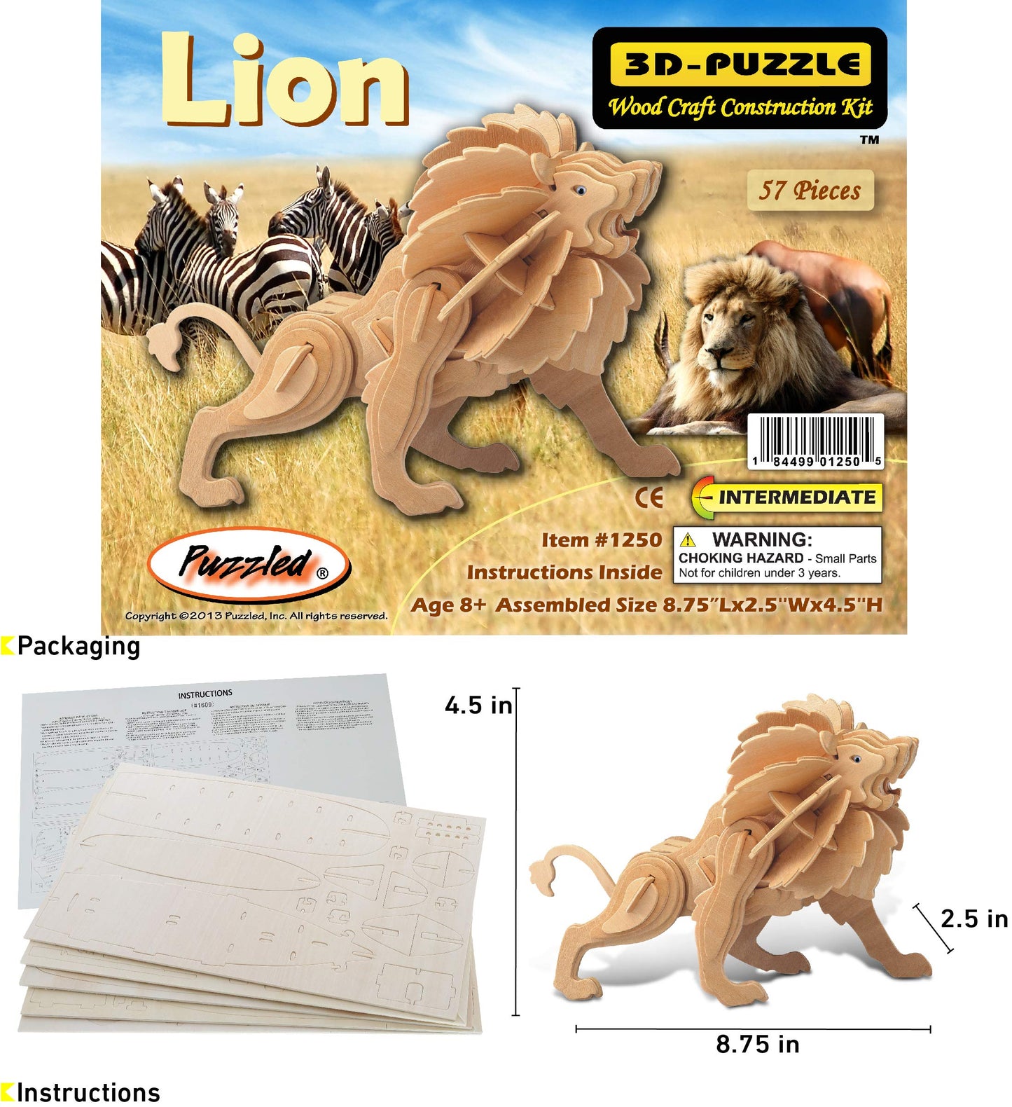 Puzzled 3D Puzzle Lion Wood Craft Construction Model Kit, Unique & Educational DIY Wooden Toy Assemble Model Unfinished Crafting Hobby Safari Animal