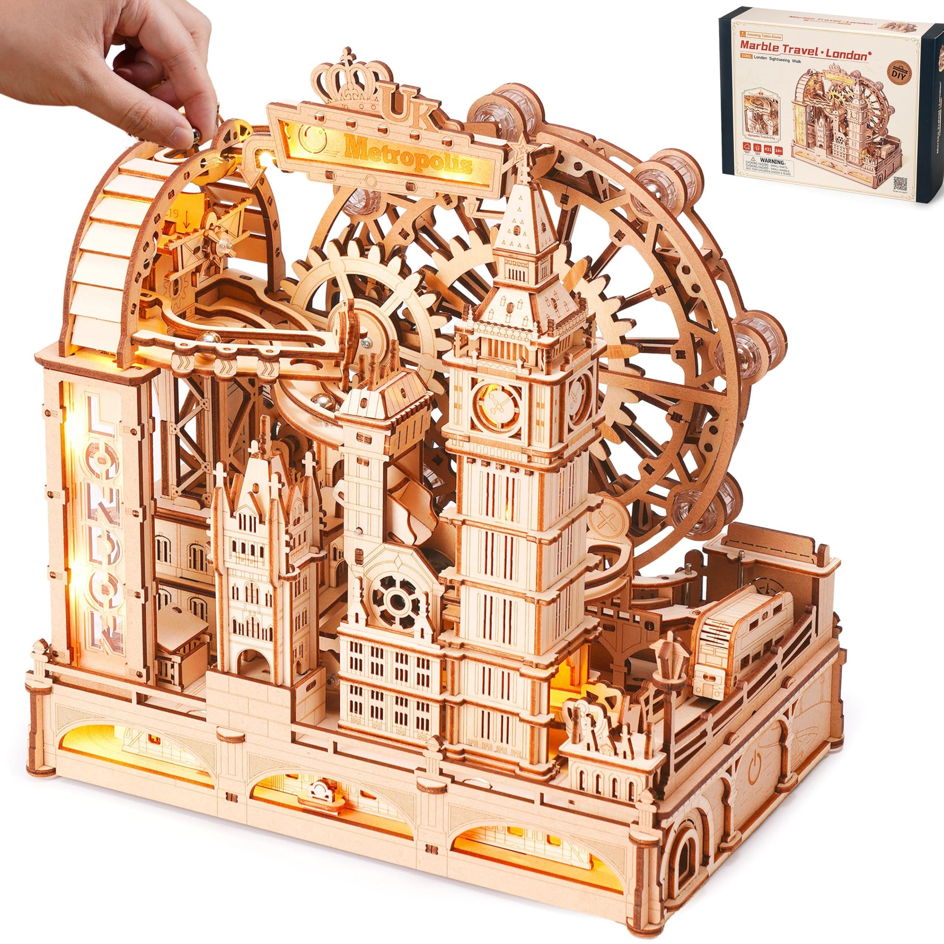 ROBOTIME Wooden Town Marble Run - 3D Wooden Puzzles for Adults EGB01 Night City Marble Run Kit - Wooden Puzzle Models for Adults to Build